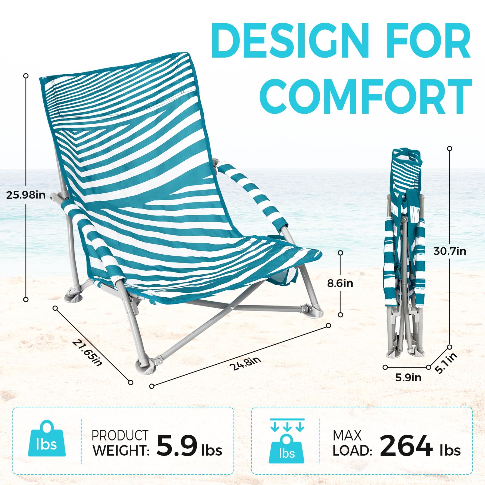 #WEJOY Chaises de Plage Basses pour Adultes - Chaise de Plage légère avec Porte-gobelet - Chaise de Plage Portable Robuste avec Sac de Transport pour extérieur, pelouse, Camping, Voyage, Pique-Nique,