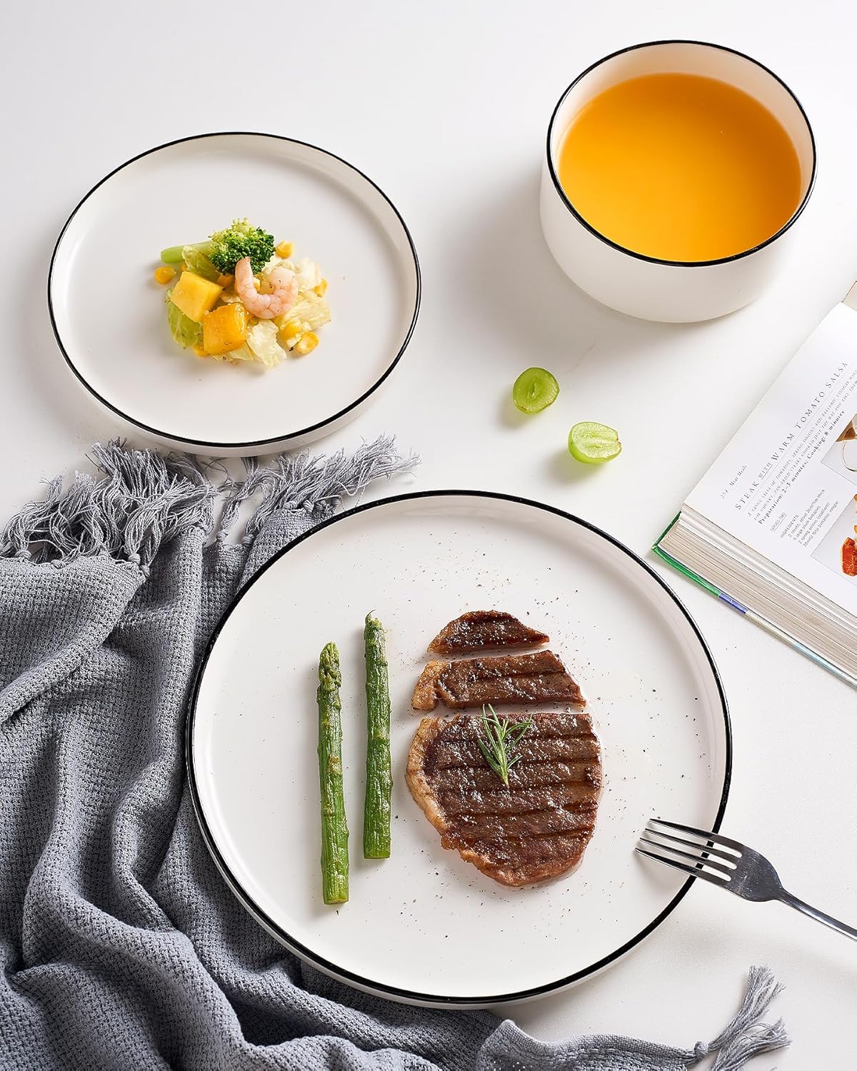 Famiware Porcelain Dinnerware Set, 24-Piece Modern Plate and Bowl Set, dish set for 8, Microwave and Dishwasher Safe Tableware, White with Black Trim - Image 4