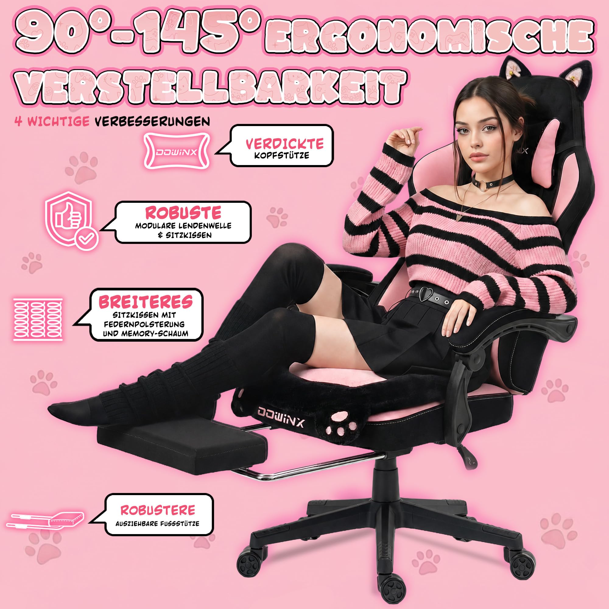 Dowinx Gaming Stuhl Ergonomisch mit Fußstütze, Katzenpfoten Gaming Chair aus Stoff, Flügelloses Sitzdesign, Verstellbarer Gamer Stuhl & PC Stuhl, Gaming Stuhl rosa Katze, für Erwachsene,rosa schwarz