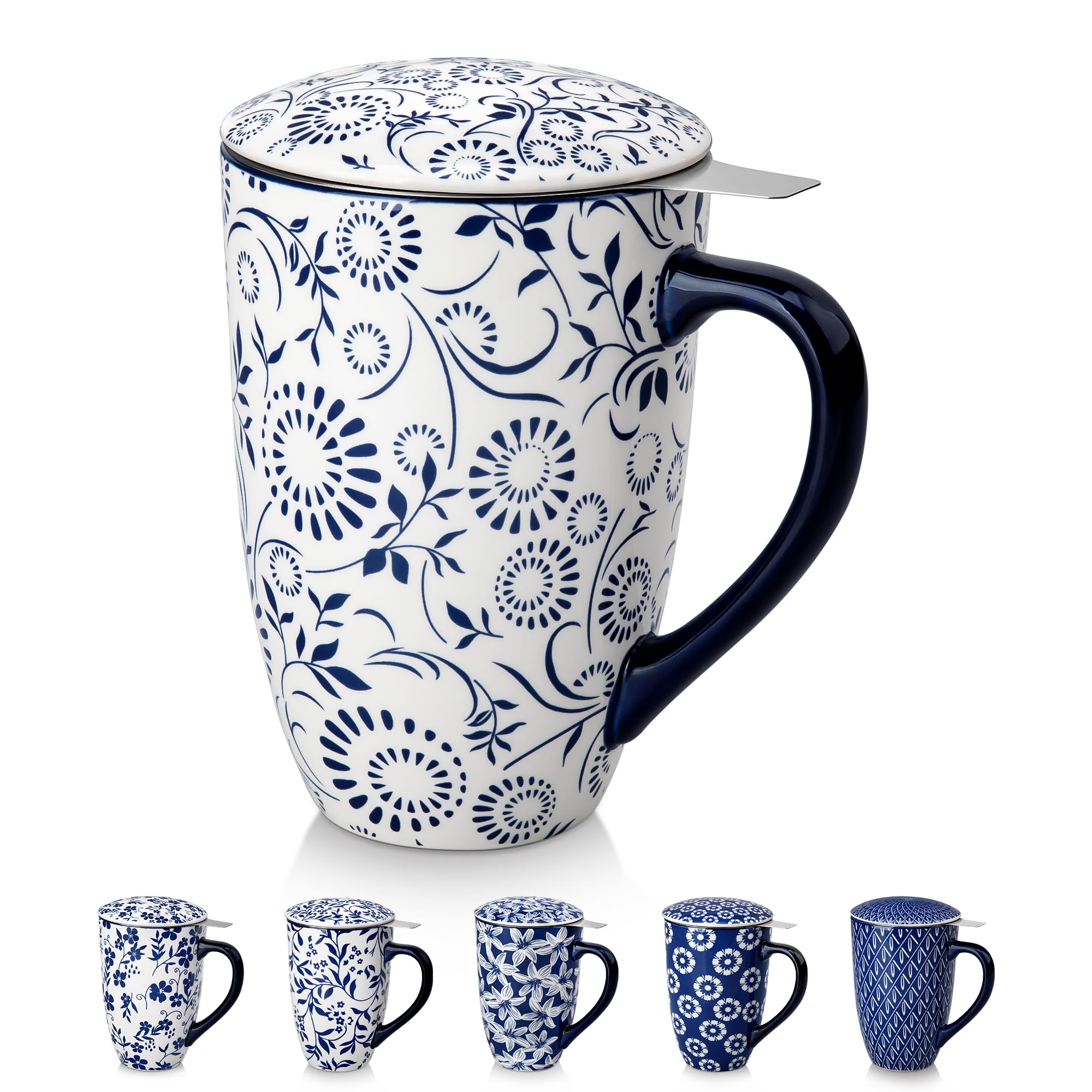vancasso SELENE Porcelain Tea Mug, 18 oz Porcelain Tea Cup with Infuser and Lid Steeps Loose Leaf Tea, Microwave &amp; Dishwasher Safe, Floral Bloom