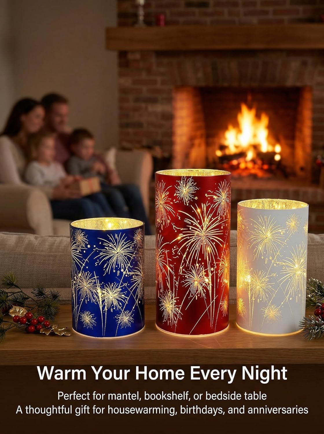 Set of 3 Celebration Hurricanes, Etched Firework Starburst Glass Pedestals, Warm White LED Lights, Twinkling Decorative Centerpiece for Mantel, Dining Table, Wedding & Holiday