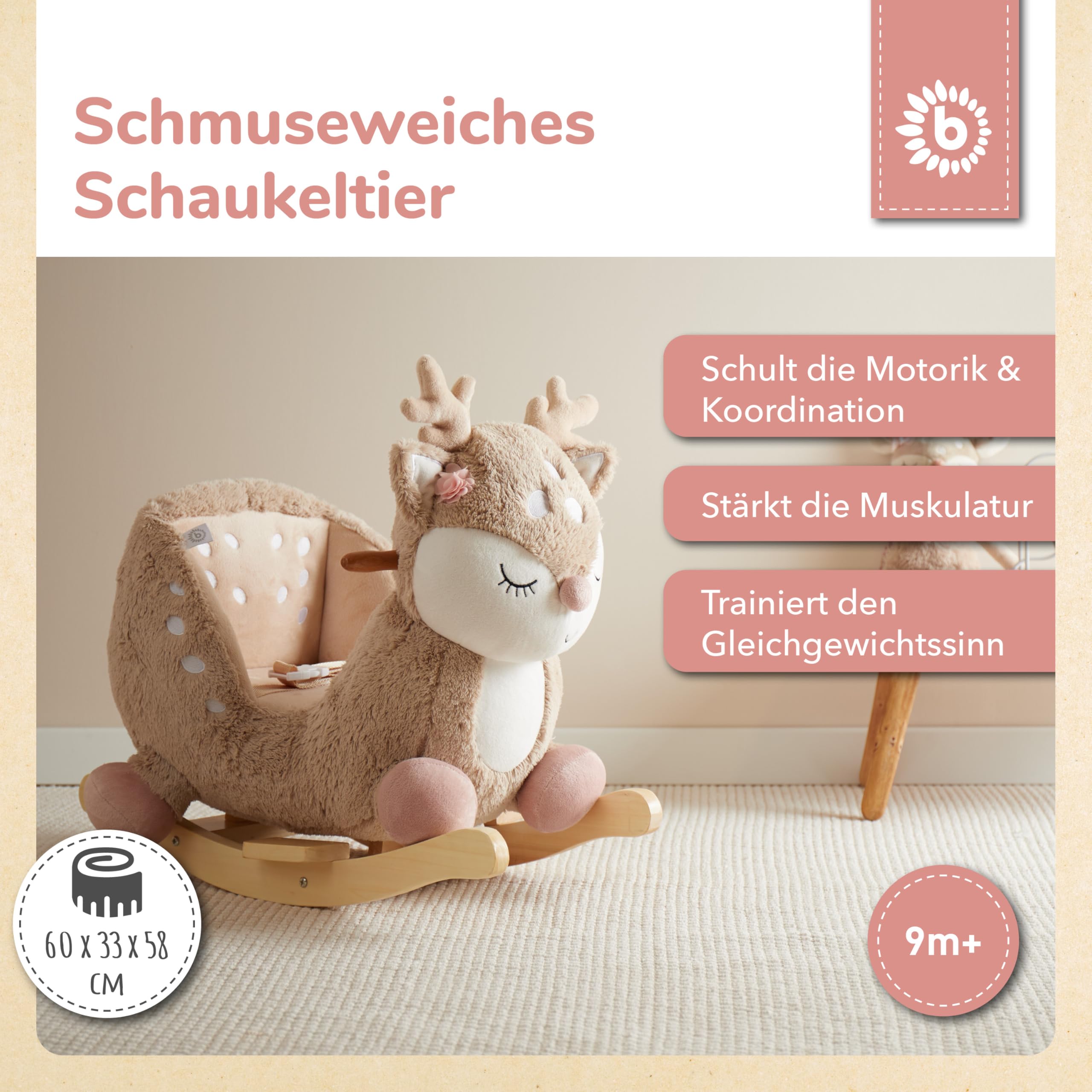 Bieco Plüsch Schaukeltier REH, 60 cm | Kinder Schaukelstuhl mit Sicherheitsgurt | Baby Schaukel | Schaukel Kleinkind | Schaukeltier Baby Schaukelwippe ab 9 Monate | Schaukelpferd Holz