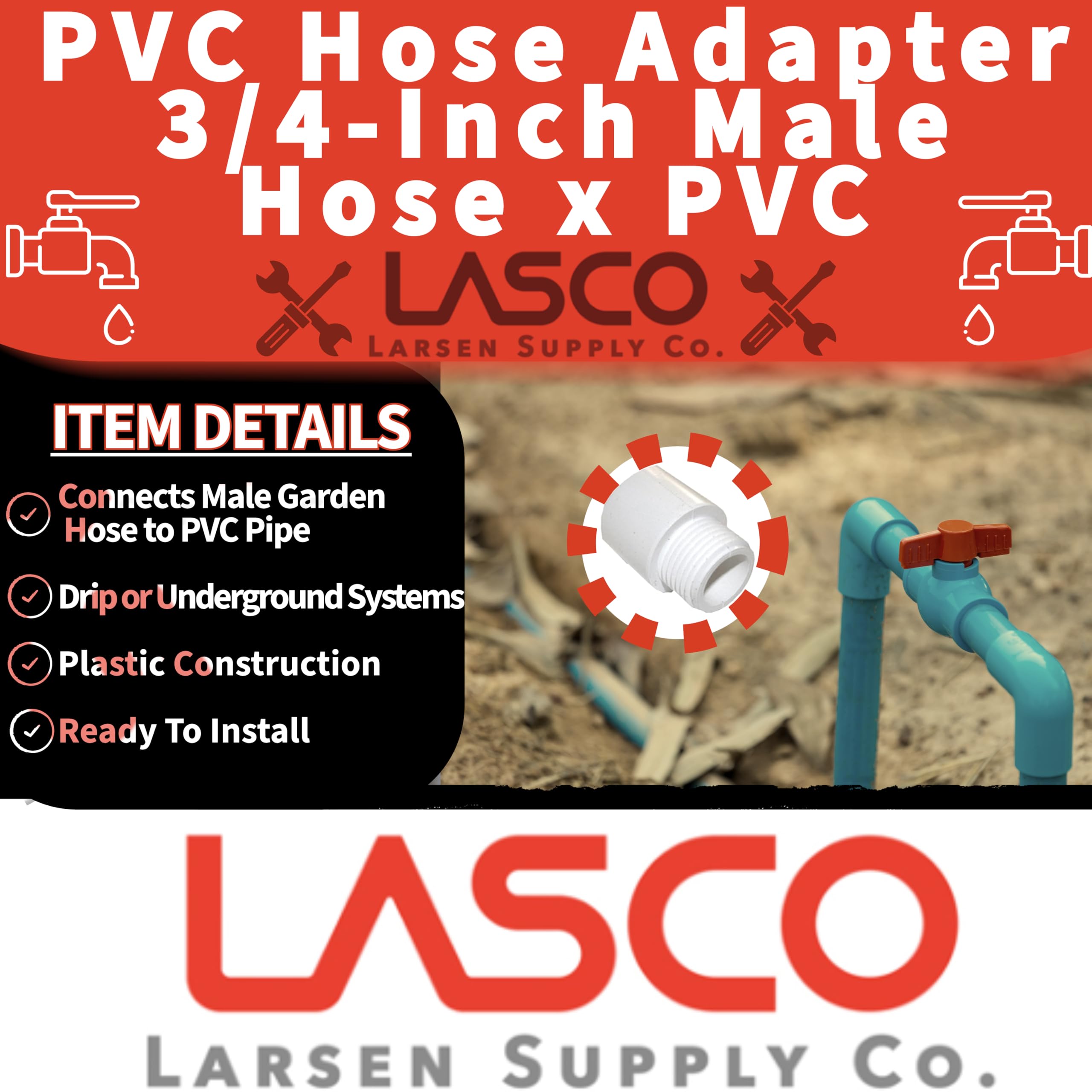 LASCO 15-1643 PVC Hose Adapter with 3/4-Inch Male Hose Thread and 3/4-Inch PVC Pipe Glue Connection, White