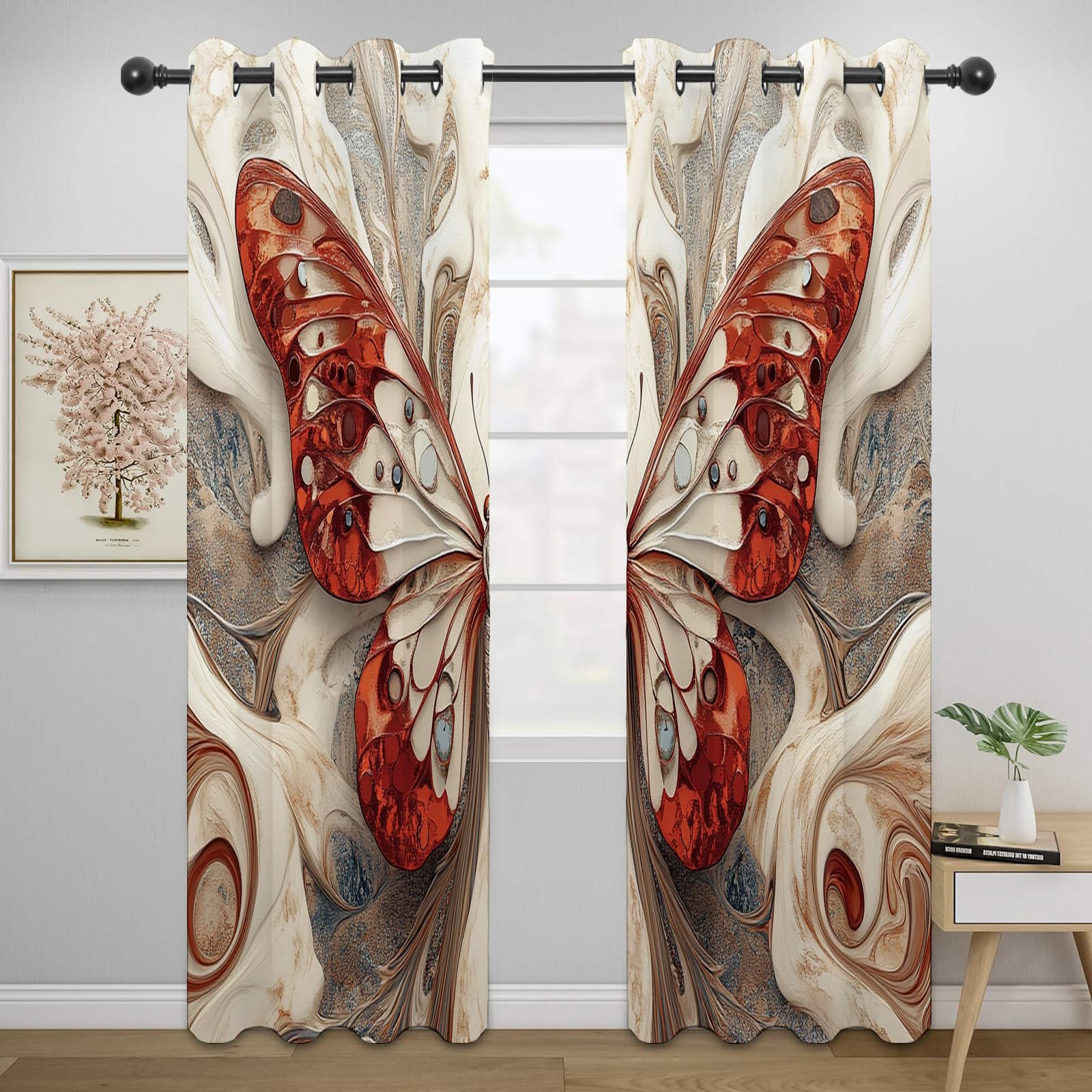 Vorhänge Blickdicht Abstrakt - Retro rote Schmetterlinge abstrakte Optik Abstrakt Modern Wohnzimmer Gardinen Vorhänge kurz Schlafzimmer Küchengardinen Decor-H180 x B100 cm (2er Pack)