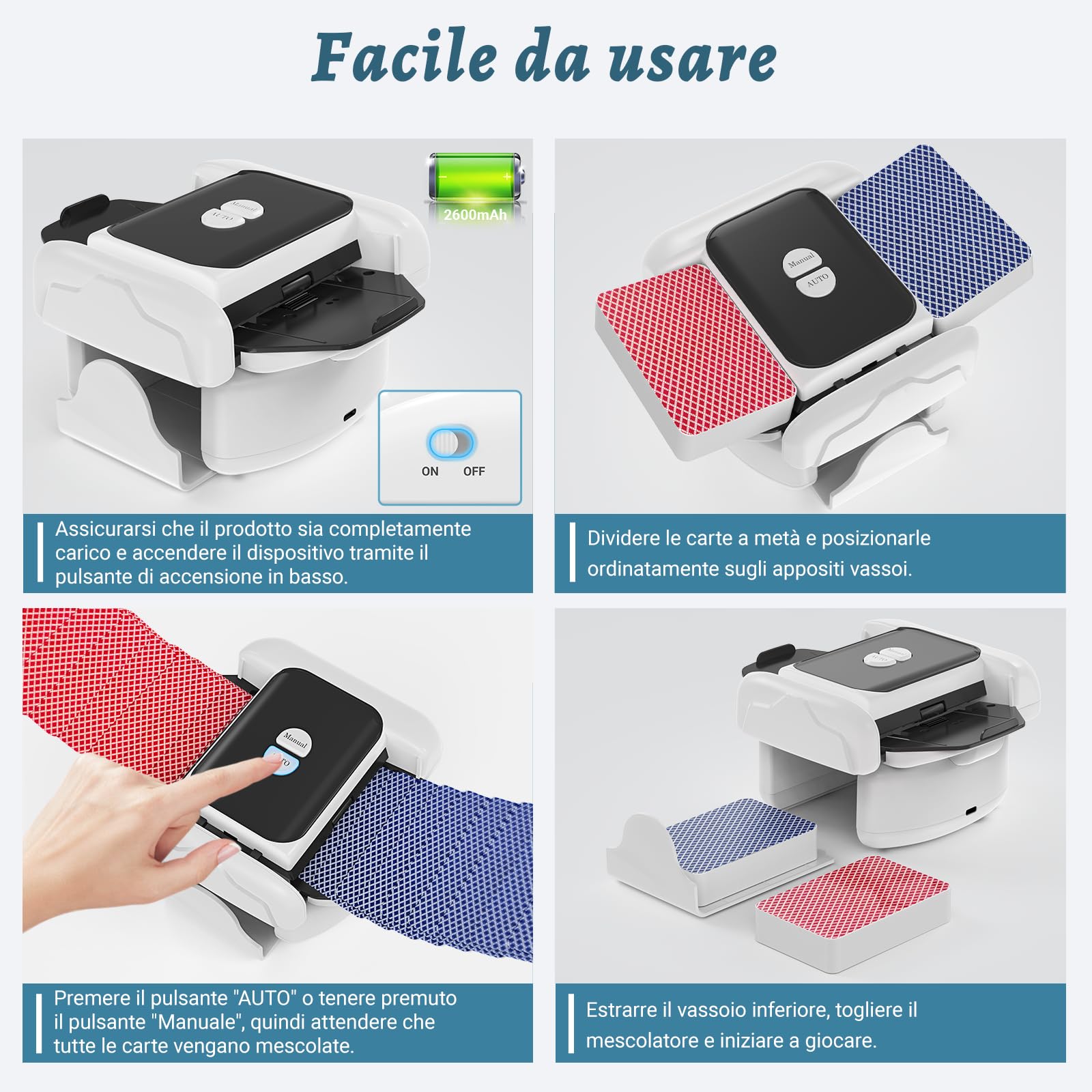 Holiky Mischia Carte Automatico a 2 Mazzi, Mescolatore Carte Ricaricabile con modalità Auto e Manuale Tocco, Mescolatore Elettrico da Poker per Uno, Skip-Bo, Phase 10 Giochi per Feste