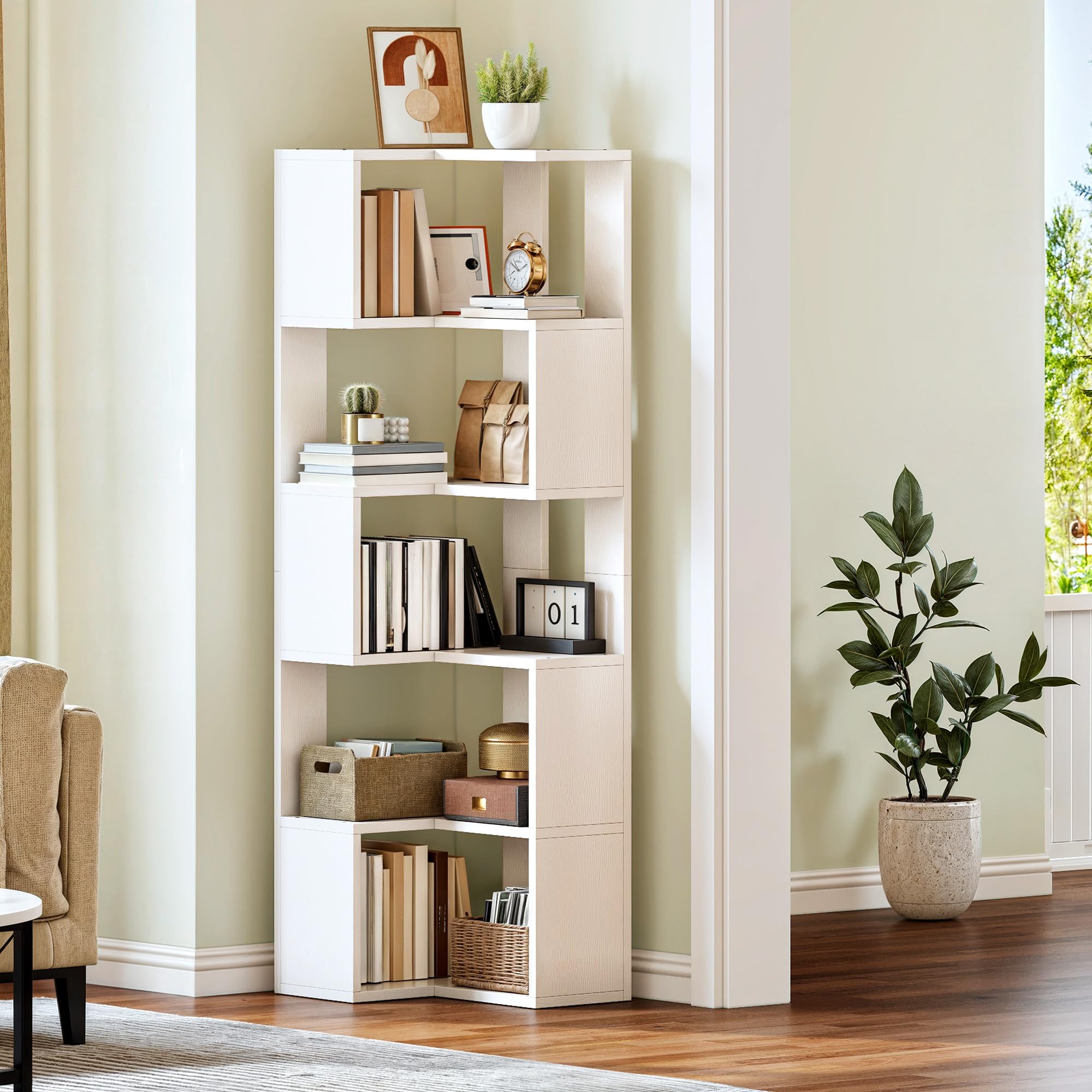 YITAHOME Estantería esquinera de 6 niveles, estantería en forma de L, estantería de pie, estantería de almacenamiento para sala de estar, dormitorio, oficina en casa, sala de estudio, 23.3 pulgadas de