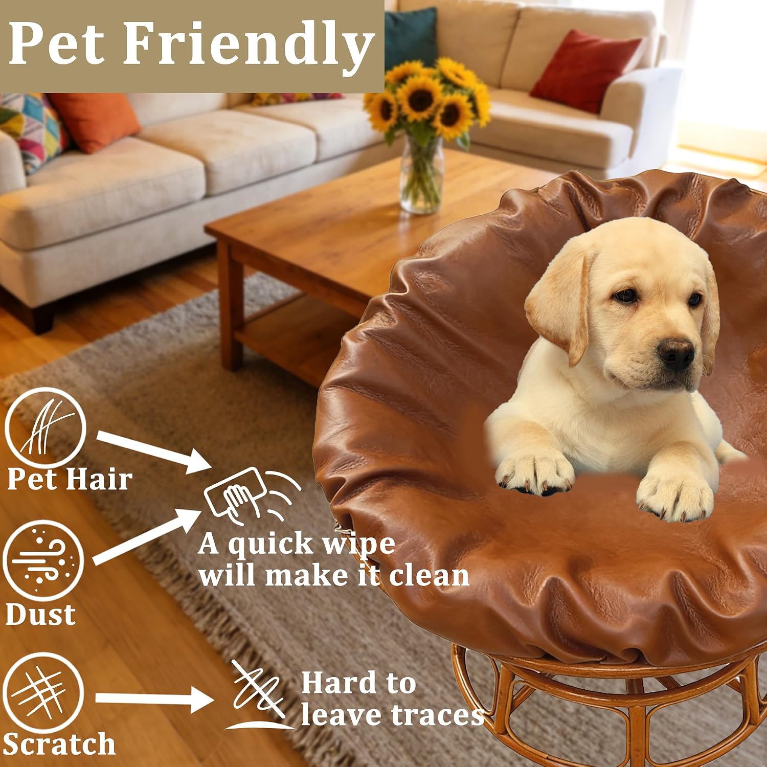 Pet Friendly Papasan Cushion Cover, Waterproof & Scratch-Resistant Faux Leather, 55Inch Papasan Chair Cushion Cover for Indoor Outdoor Use, Easy Clean for Dogs & Cats (Espresso Brown, 50in)