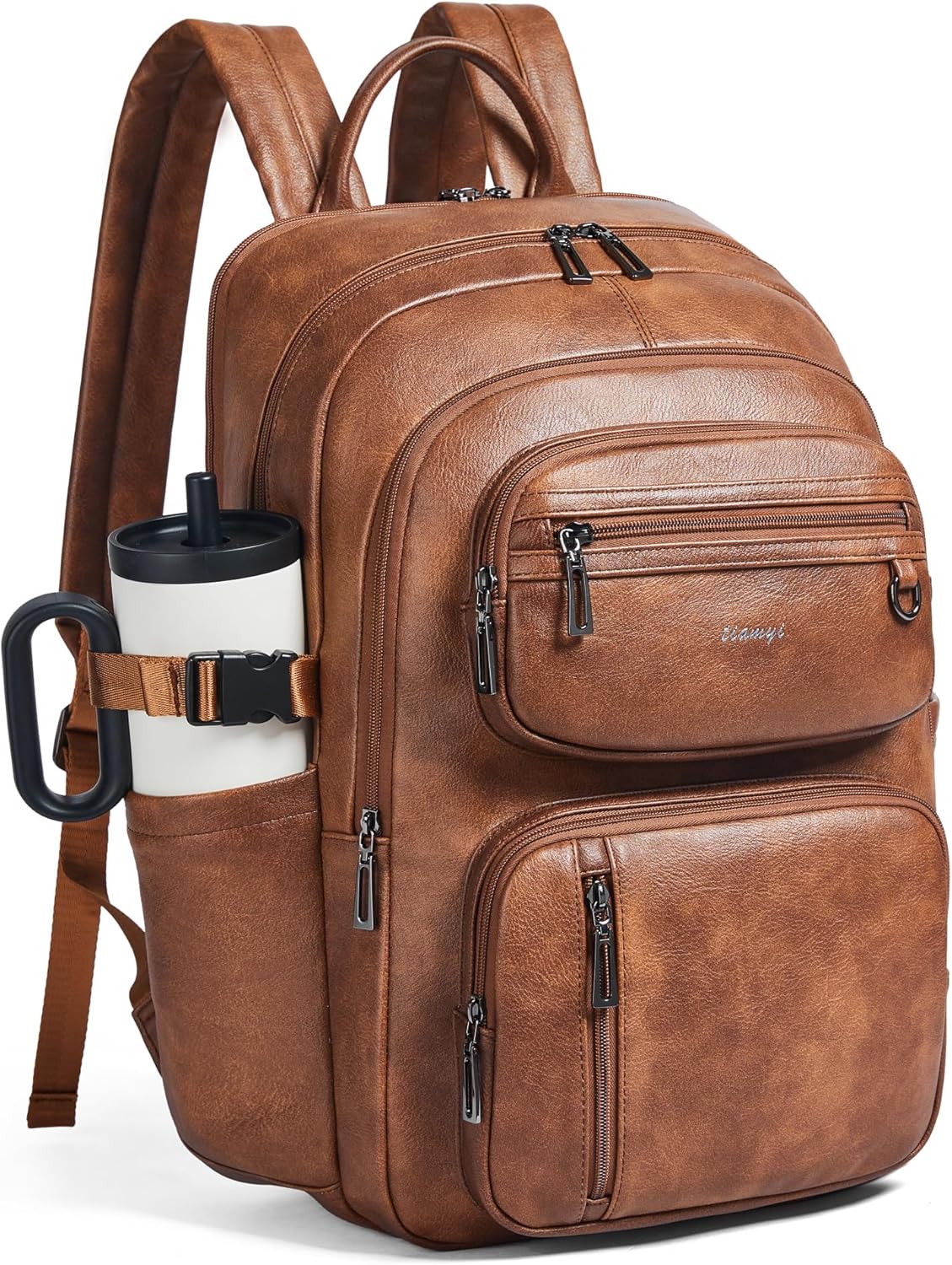 Vegan Leather Backpack, TSA Travel Backpack for Men and Women, Fits 17.0 Inch Laptop with Luggage Strap, Brown