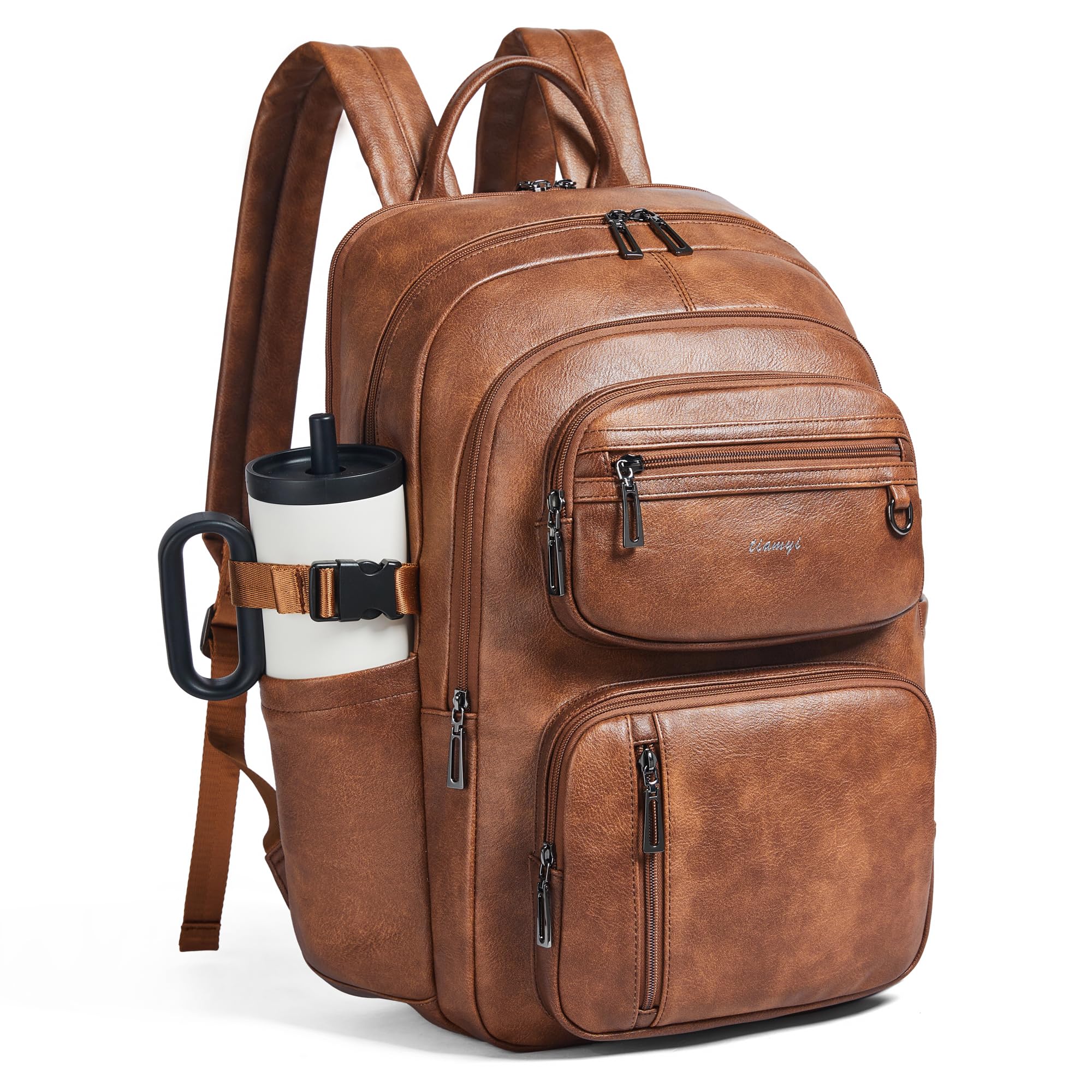 TSA - Zaino da viaggio in pelle vegana, per uomo e donna, adatto per laptop da 17", con cinghia per bagagli, colore: marrone