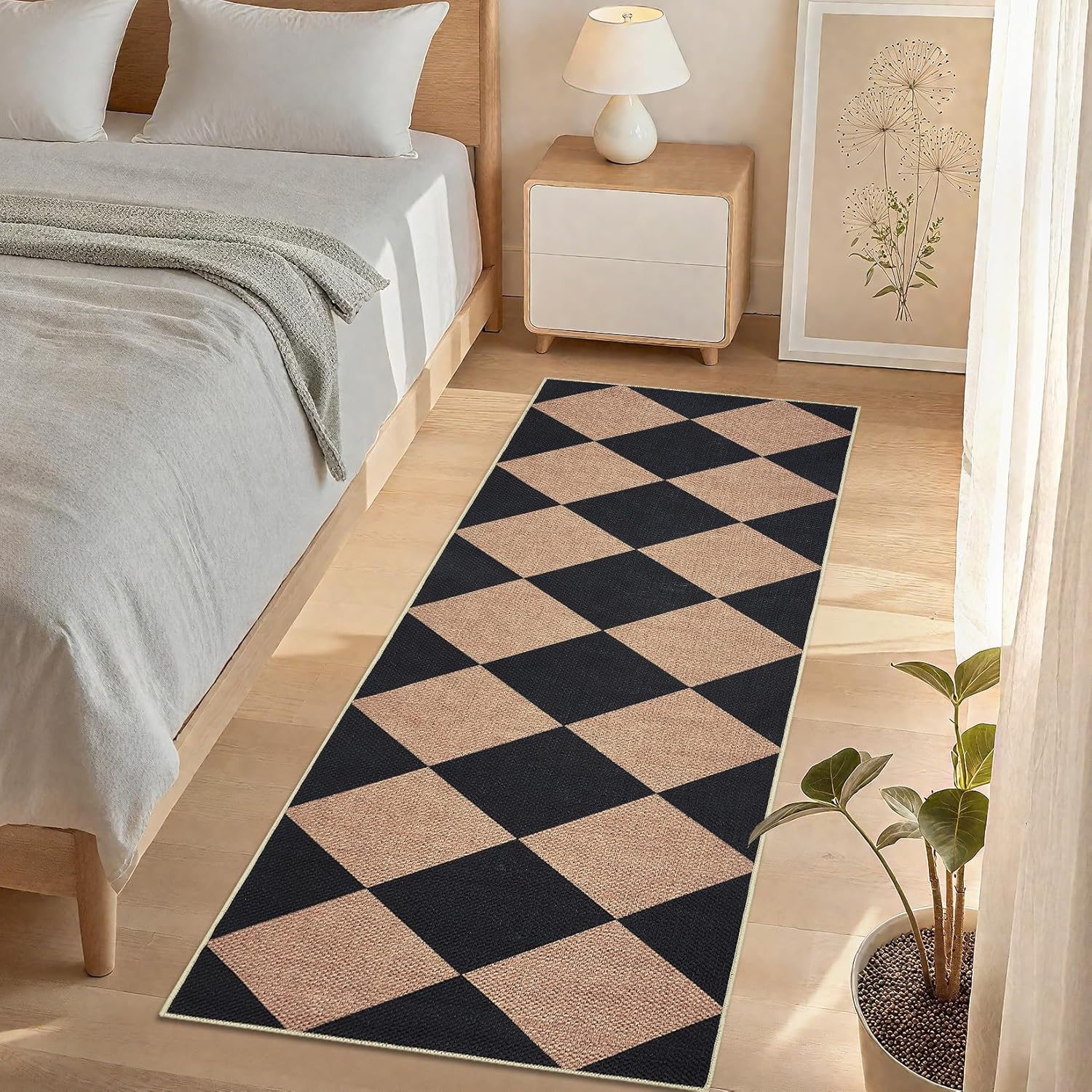 Garvee Geometric Kitchen Rugs Non Slip Washable 2x8 Runner Rug for Entryway, Geometric Checkered Area Rug, Indoor Outdoor Rug for Foyer, Hallway, Entrance, Laundry, Bedroom, Black and Brown