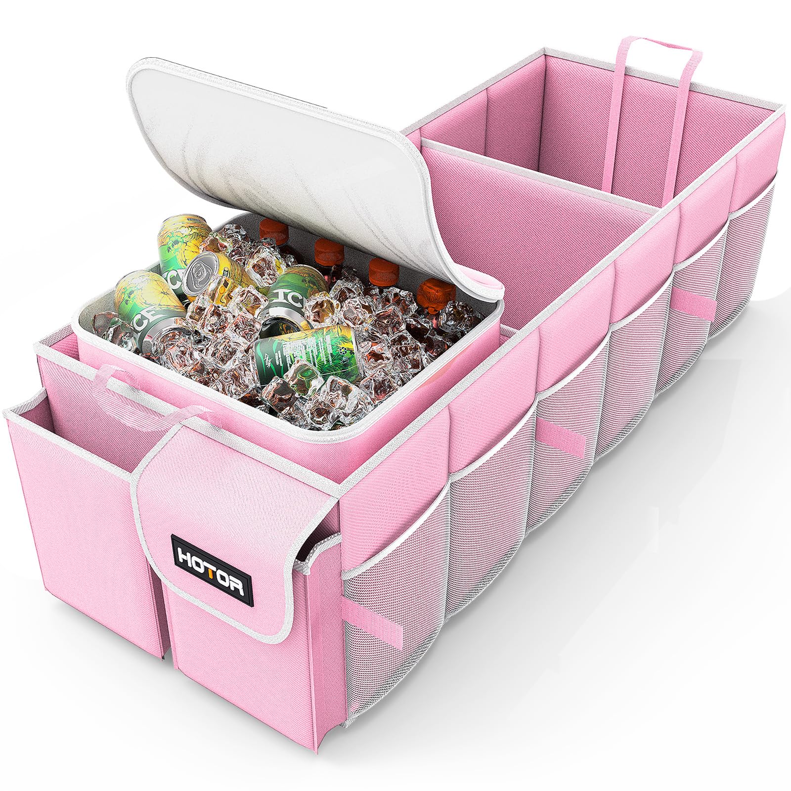 HOTOR Trunk Organizer, Sturdy Foldable with Cooler for Car & SUV, 3 Compartments, Pink, 30.90”×12.60”×10.63”