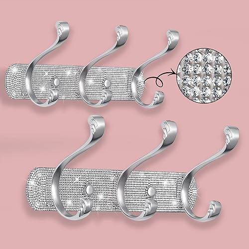 BlackFish 2 piezas Perchero de pared montado en la pared, brillante con strass plateados montado en la pared con 3 ganchos, perchas para pared para