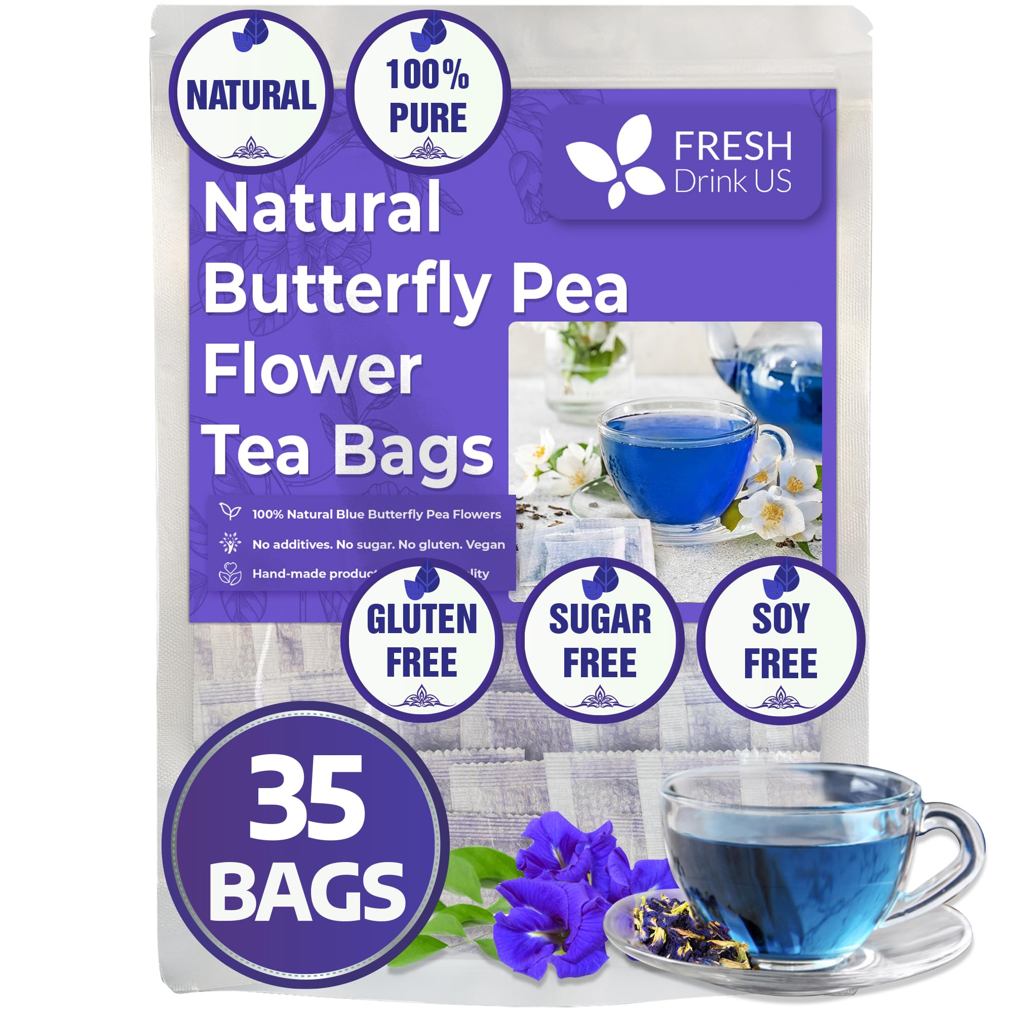 FRESHDRINKUS 35 Premium Butterfly Pea Tea Bags, 100% Natural and Pure from Butterfly Pea Flowers, Hand-made, Made With Natural Materials-Corn Fiber Tea Bag, Sugar/Caffeine/Gluten Free, Vegan