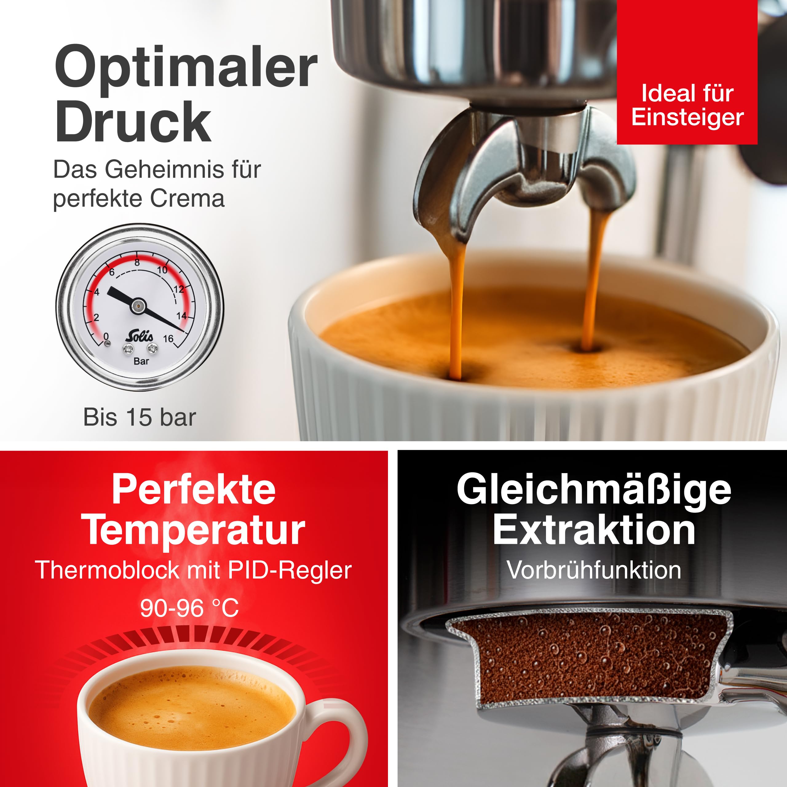 Solis Barista Perfetta Plus Espressomaschine, Halbautomatische Kaffeemaschine mit Milchschäumer, Programmierbare Kaffeemaschine mit abnehmbaren Wassertank, Heißwasser- und Dampffunktion, Silber