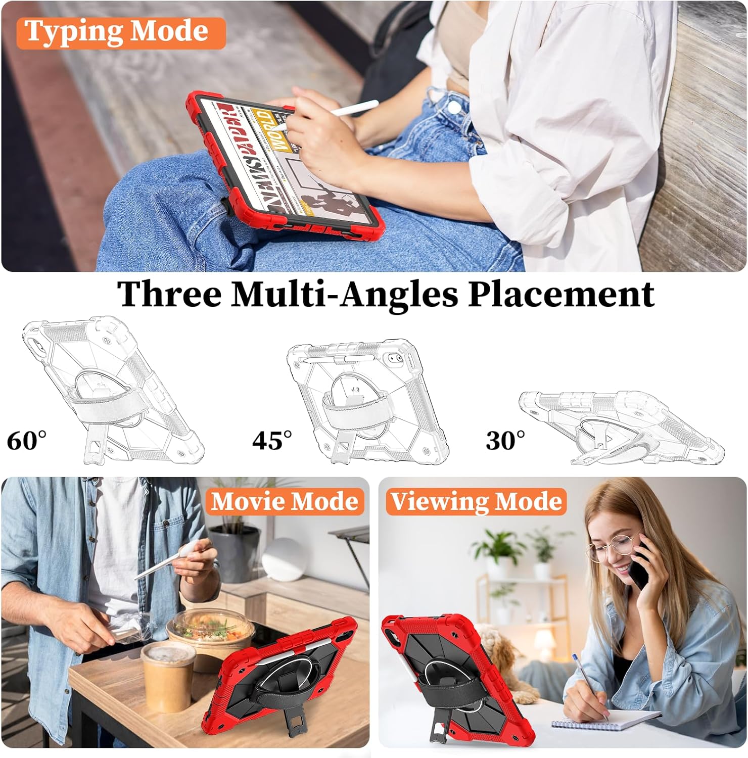 Case for iPad 10th Generation 10.9 Inch 2022 / iPad A16 Case 11 Inch 2025 with Screen Protector 10th Gen Cover for Kids Pencil Holder 360° Rotating Stand Shoulder Strap, Red Black