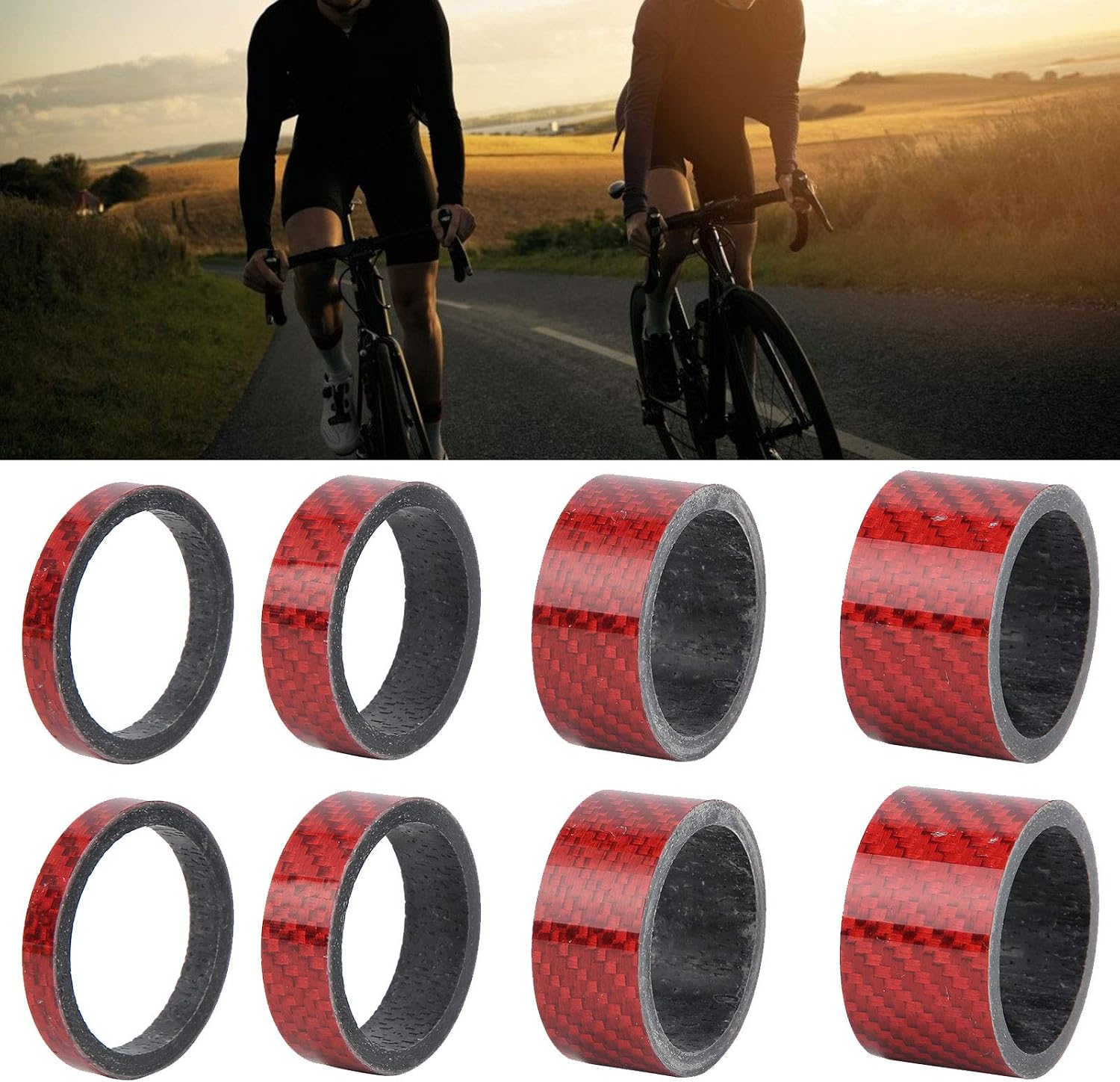 VGEBY Headset Stem Washer, 2 Set 5/10/15/20mm Lightweight Carbon Fiber Mountain Road Headset Front Fork Spacer Stem Washer Cycling Accessory(red) and Spare Parts