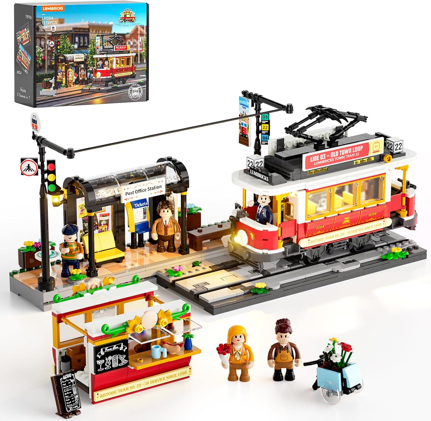 Lumibricks Heritage Tram and Station Lighting Building-Bricks Set - 1274 Pcs City Streetcar Modular Collection Old Town Downtown Display Model for Adults & Teens & Tram Enthusiasts
