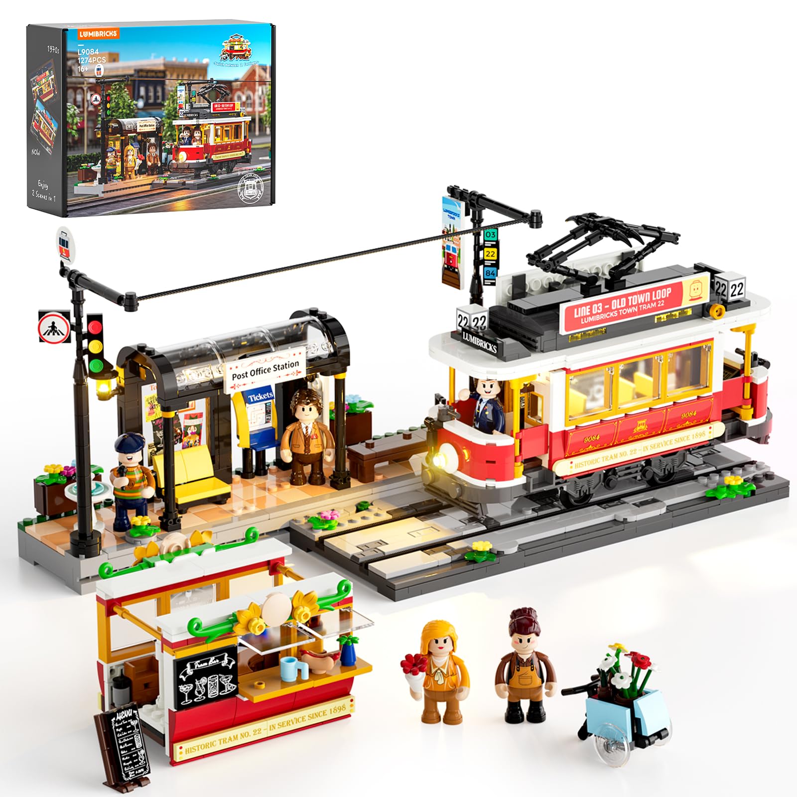 Lumibricks Heritage Tram and Station Building Set with Light,1274Pcs, Vintage Decor, with 2 Scenes: Tram and Bar Car, compatible with Modular Buildings - Gift Idea for Adults,L9084