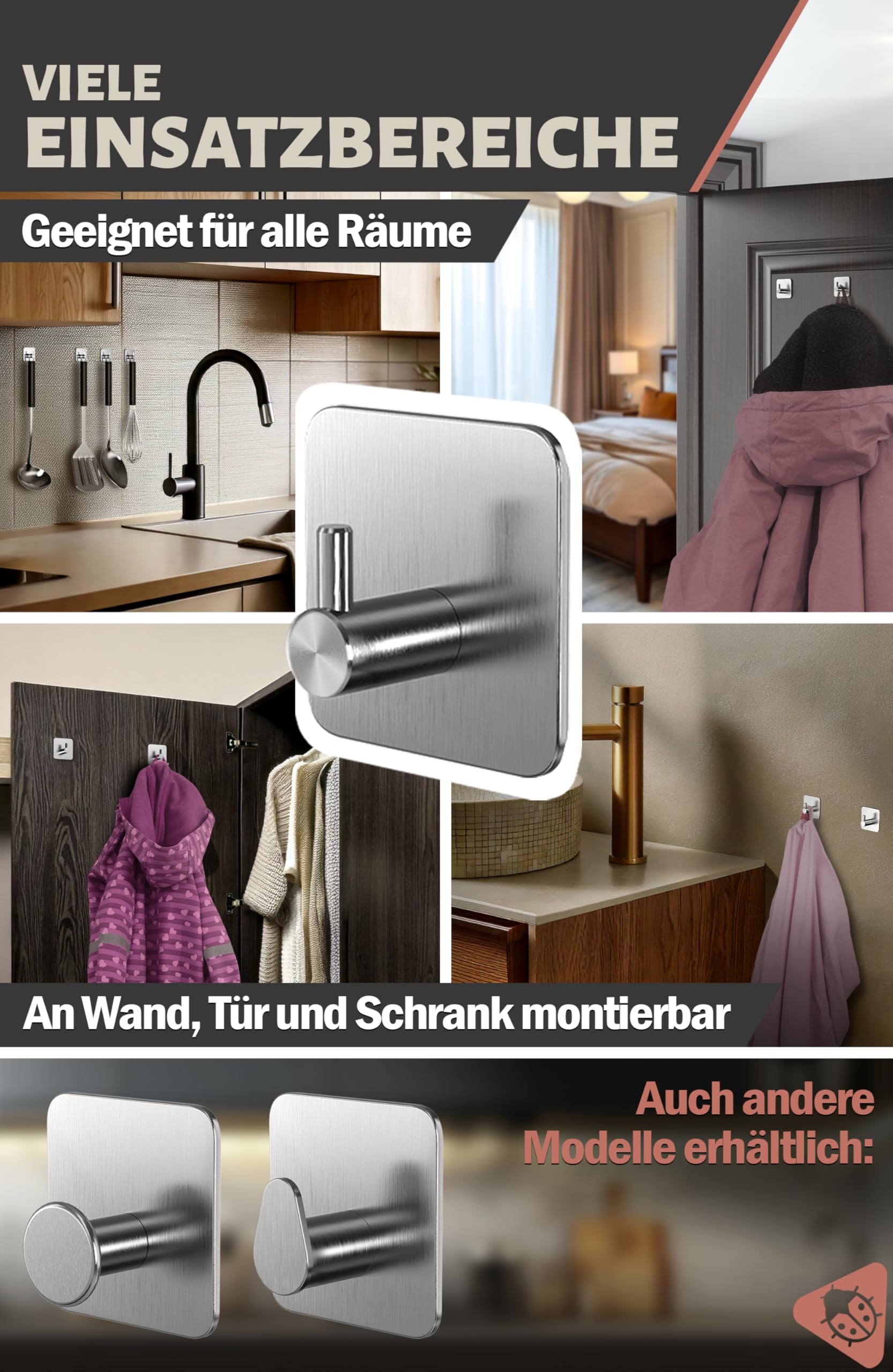 4smile Handdoekhouder zonder boren, 6 stuks, roestvrij staal, roestvrij staal, als praktische kleefhaken, hoogwaardige haken, zelfklevend, wandhaken, klassiek design