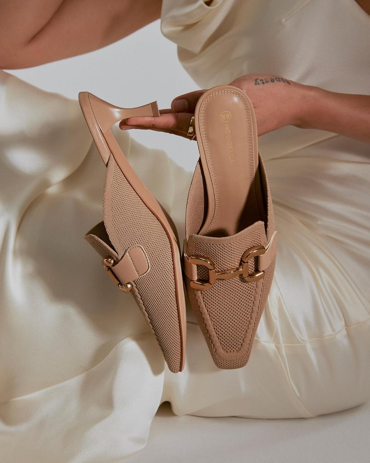 NEWBELLA Women's Kitten Heel Mules - Pointed Toe Slip-On Low Heels, Comfortable Work Shoes for Daily Commute & Office Wear, Apricot 8.5 - Image 3