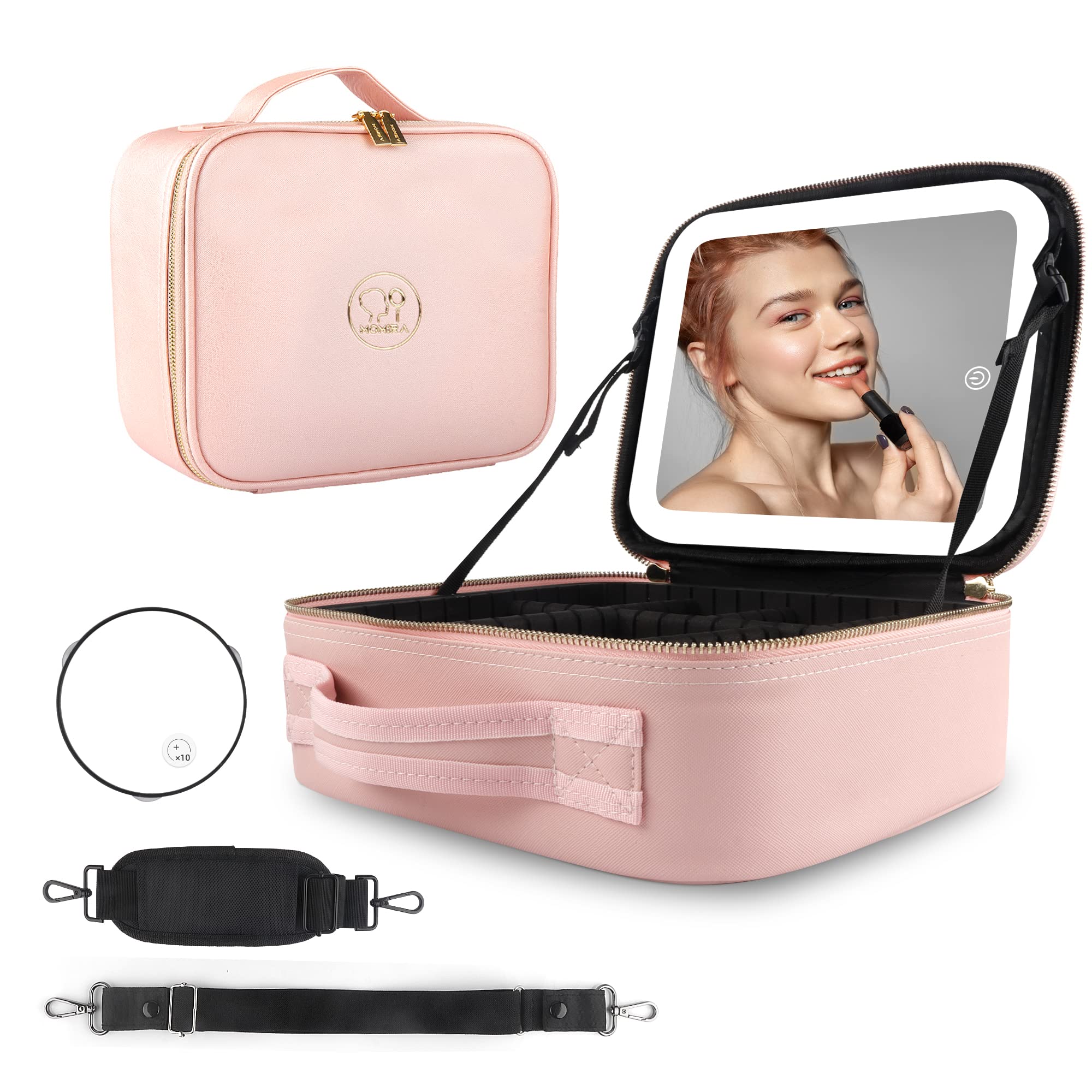 MOMIRA Large Makeup Train Case with Lighted and Mirror 14inch Partitionable Cosmetic Bag Travel Makeup Case Professional Cosmetic Artist Organizer, Waterproof Portable, with Shoulder Stra Pink