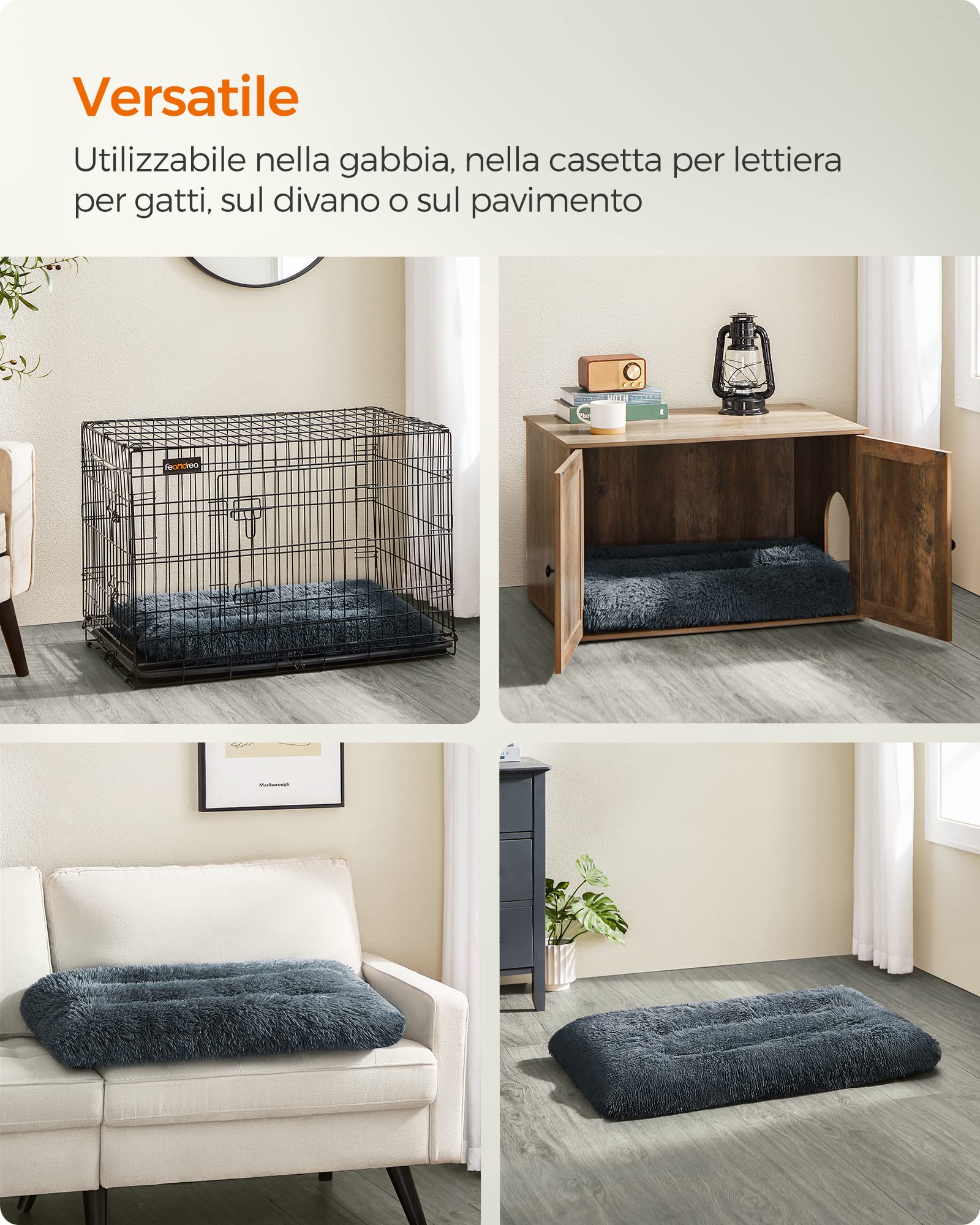 Feandrea Cuccia per Cani, Tappetino per Animali di Peluche Morbida, 95 x 60 cm, Imbottitura Soffice, Lavabile in Lavatrice, Cuscino per Cani Multiuso, Grigio Scuro PGW202G02