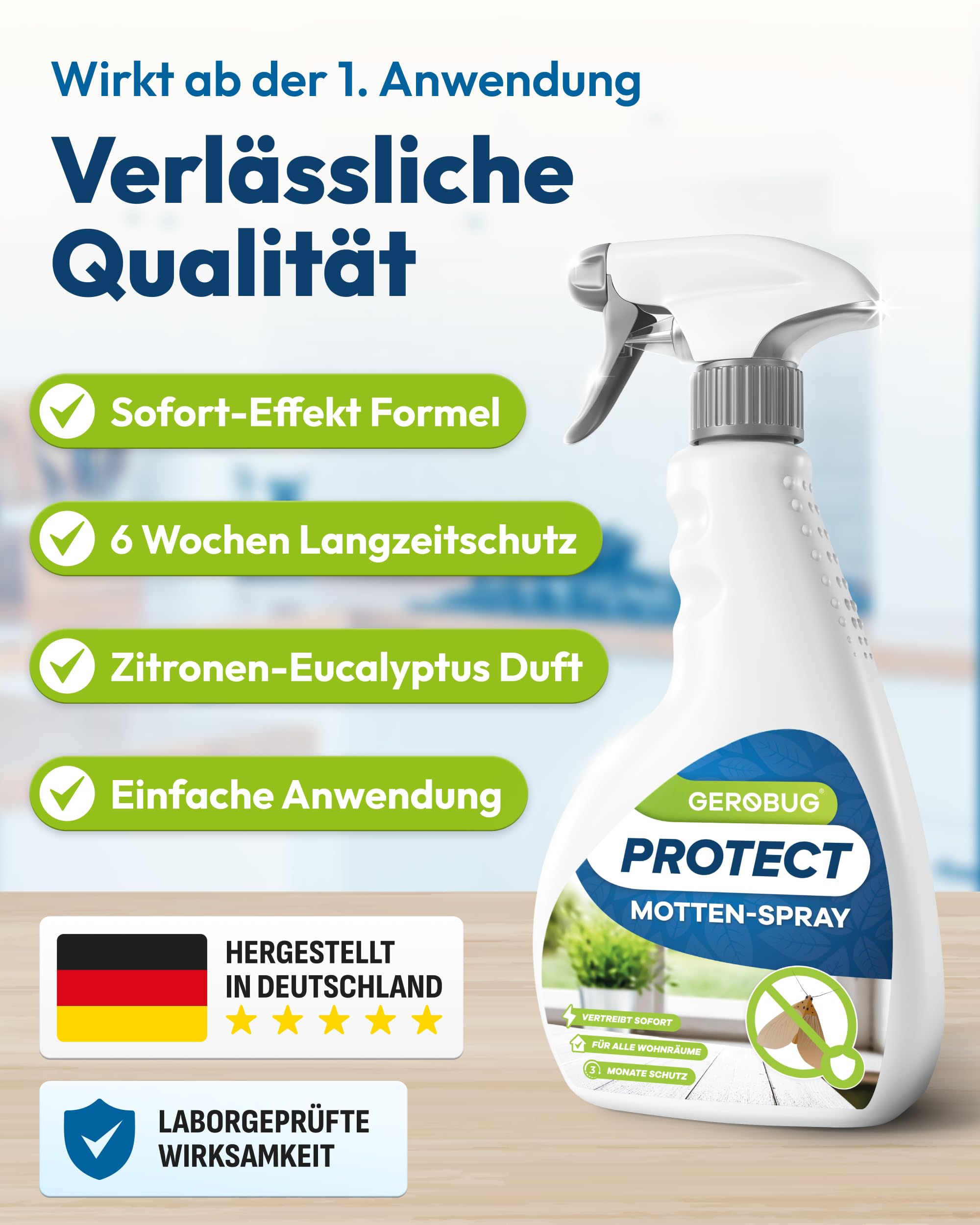 Gerobug Motten-Spray 500 ml - Motten schnell & effektiv loswerden mit Langzeitwirkung - Mottenmittel für Lebensmittelmotten & Kleidermotten - Motten bekämpfen Alternative