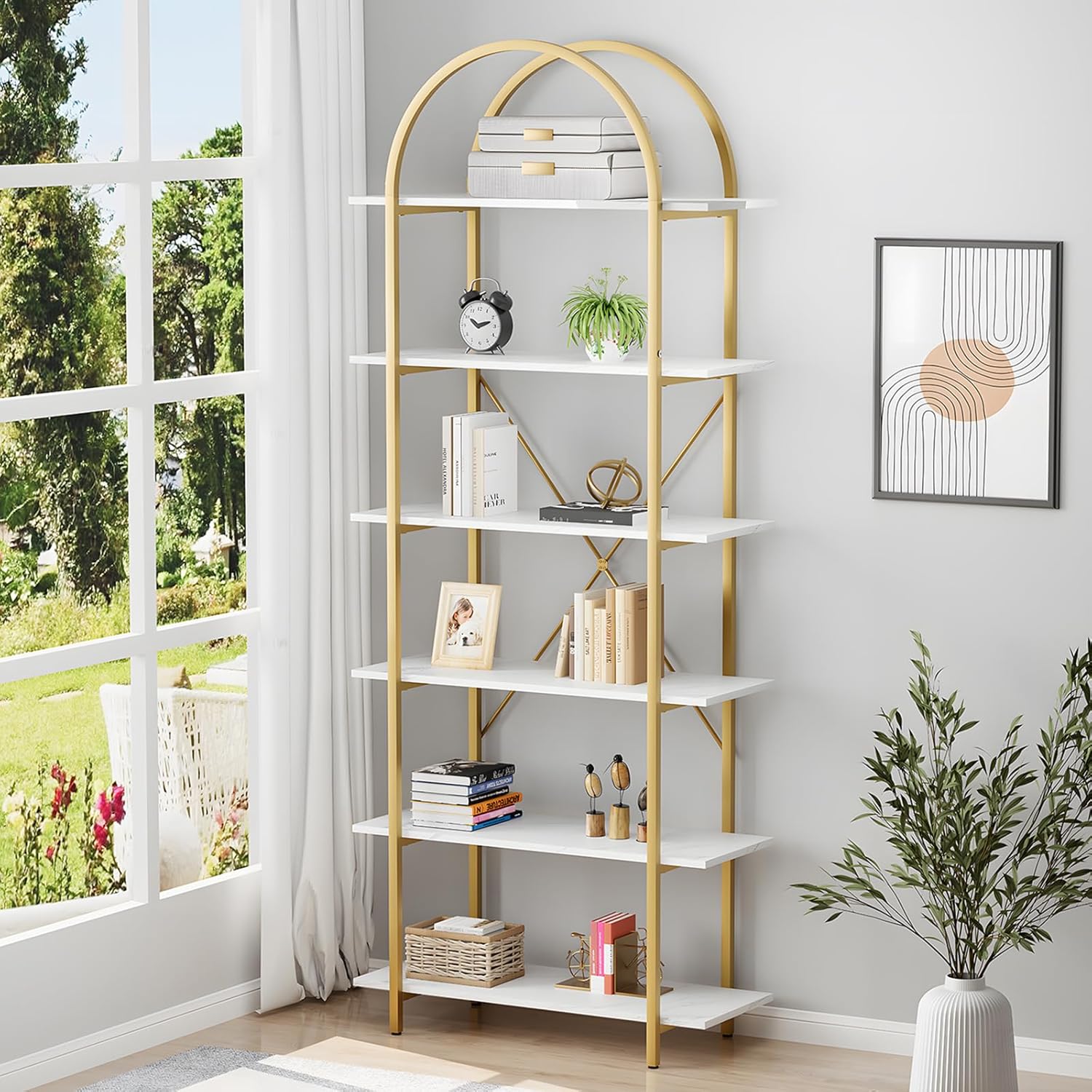 6 Tier Bookshelf, 83" Tall Arched Bookcase, Tall Book Shelf with Metal Frame, Modern Display Standing Shelf for Living Room, Home Office, Bedroom, Gold