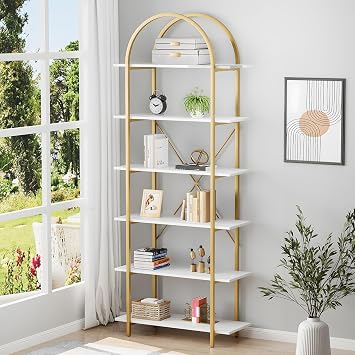 Arbuxzuy 6 Tier Bookshelf 83" Tall Arched Bookshelf with Metal Frame Modern Display Standing Shelf for Living Room Home Office Bedroom Gold