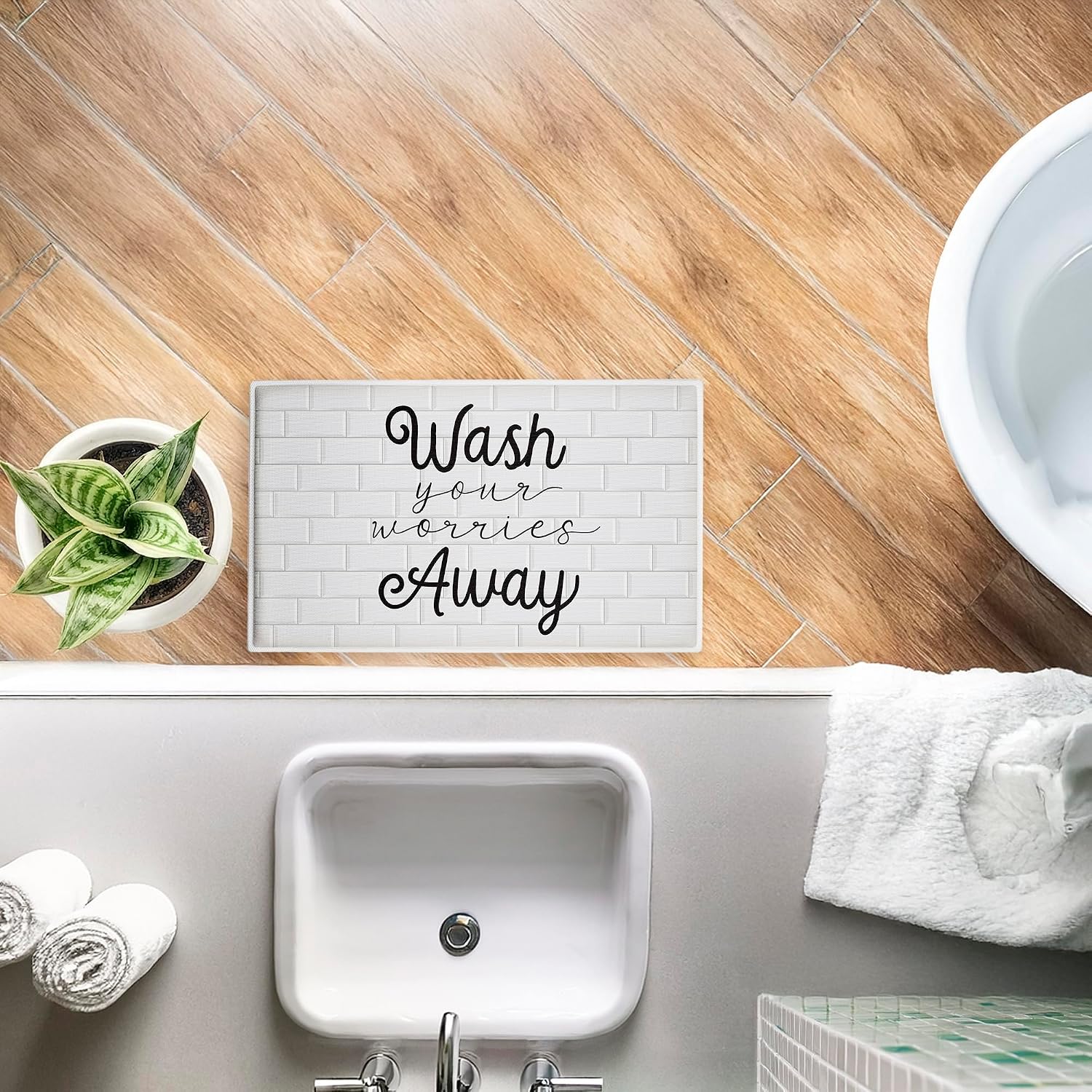Wash Worries Away Simple Plush Bathroom Mat & Bath Rug, Soft Quick-Dry Non-Slip Bathroom Rug with Recycled Foam Cushion, Modern Typography Phrase Design by Arrolynn Weiderhold, 18"x30"