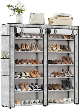 SUPERLELE Shoe Rack with Cover, Shoe Rack with 4 Side Pockets, 6 Tier Shoe Organizer Holds 30-40 Pairs Shoes and Boots, Shoe Storage for Closet, Entryway and Hallway, Storage Cabinet for Home, Gray