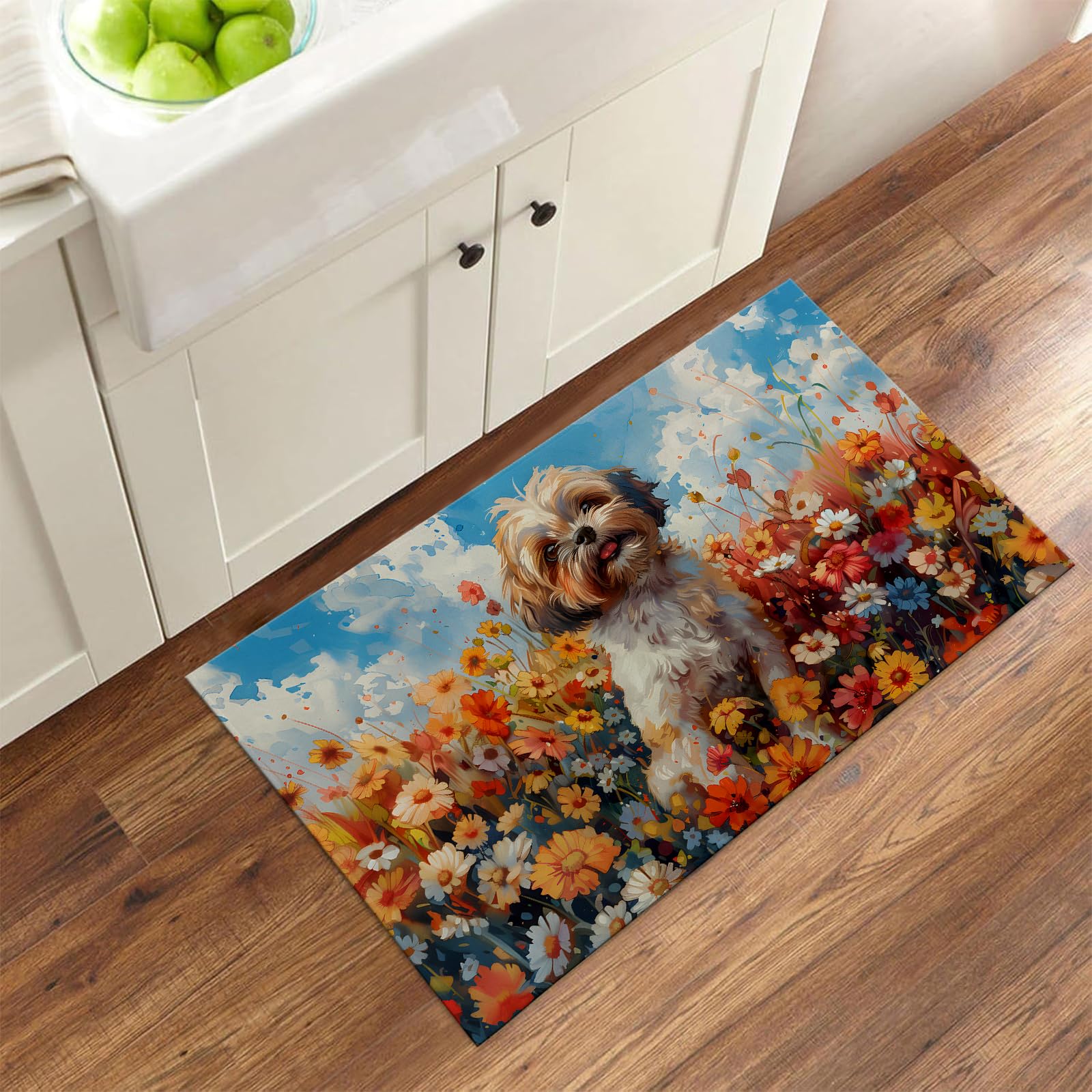 Bidesk Floral Dog Indoor Door Mat, Welcome Adorable Shih Tzu Door Mats Inside for Front Door Living Room Bedroom, Non Skid Doormat for Kitchen, Entry