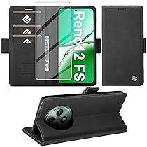 Giyer Cover per OPPO Reno12 FS, F 5G Custodia con Vetro Temperato, Premium Pelle PU Portafoglio Slot per Scheda RFID Antifurto Funzione Supporto Flip Case, Antiurto per OPPO Reno12 FS Cover (Nero)