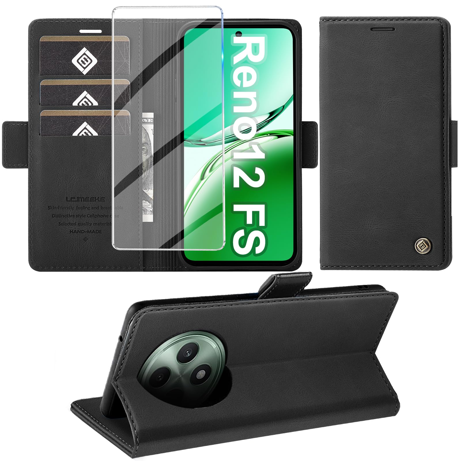 Giyer Cover per OPPO Reno12 FS/F 5G Custodia con Vetro Temperato, Premium Pelle PU Portafoglio Slot per Scheda RFID Antifurto Funzione Supporto Flip Case, Antiurto per OPPO Reno12 FS Cover (Nero)