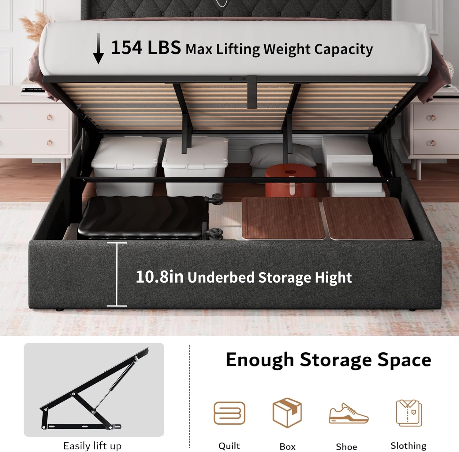 Image showing the 10.8 inch underbed storage height and the 154 lbs max lifting weight capacity for the mattress.