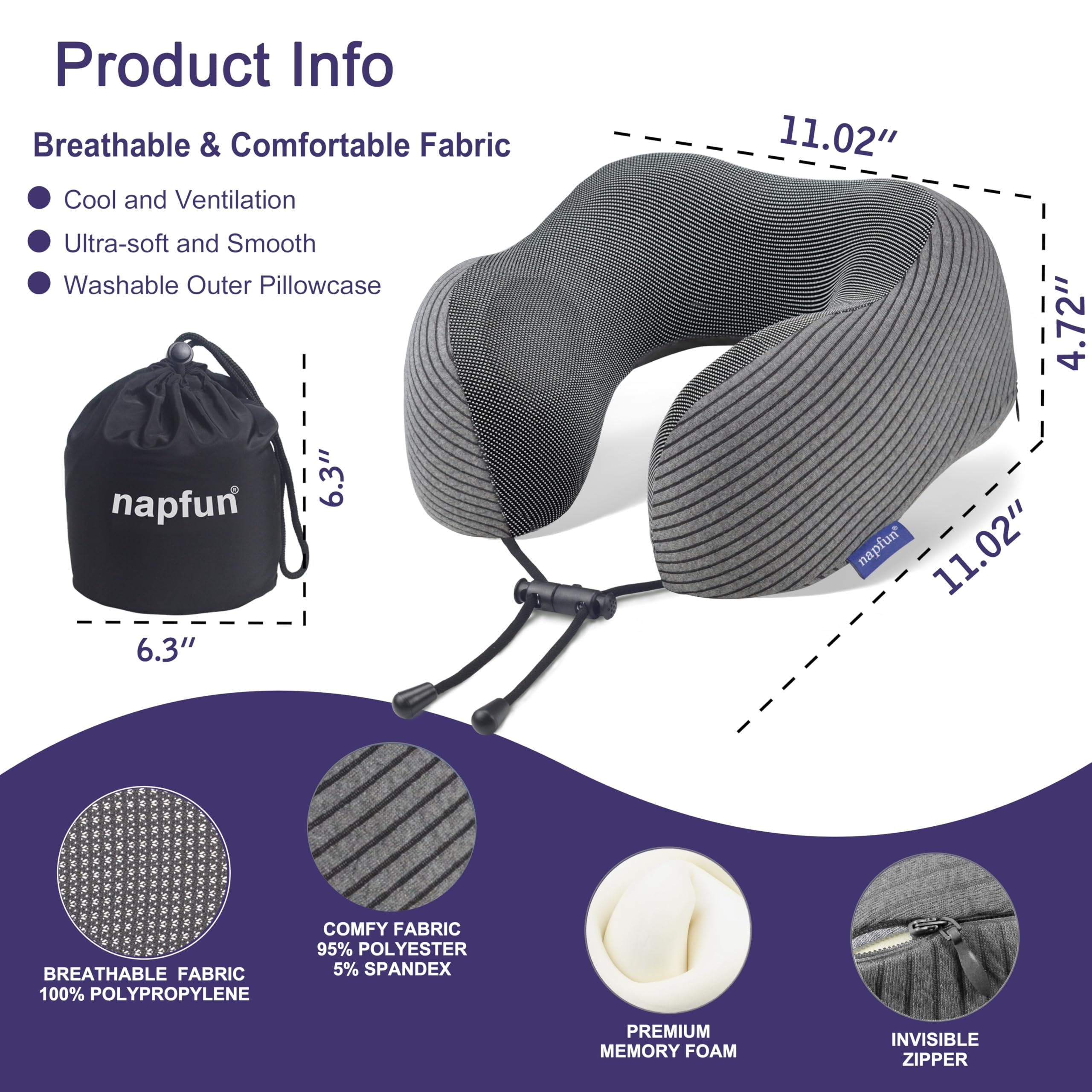napfun Neck Pillow for Travel, Memory Foam Airplane Pillow, Dark Gray view 2