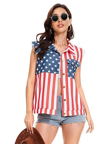 American Flag Denim Vest for Women, 4th of July Patriotic