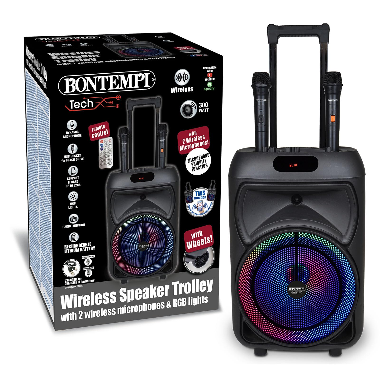 Bontempi | Cassa Trolley Acustica Wireless con 2 Microfoni Senza Filo, Luci RGB, Telecomando, Display, Funzione TWS, 48x29x24 cm