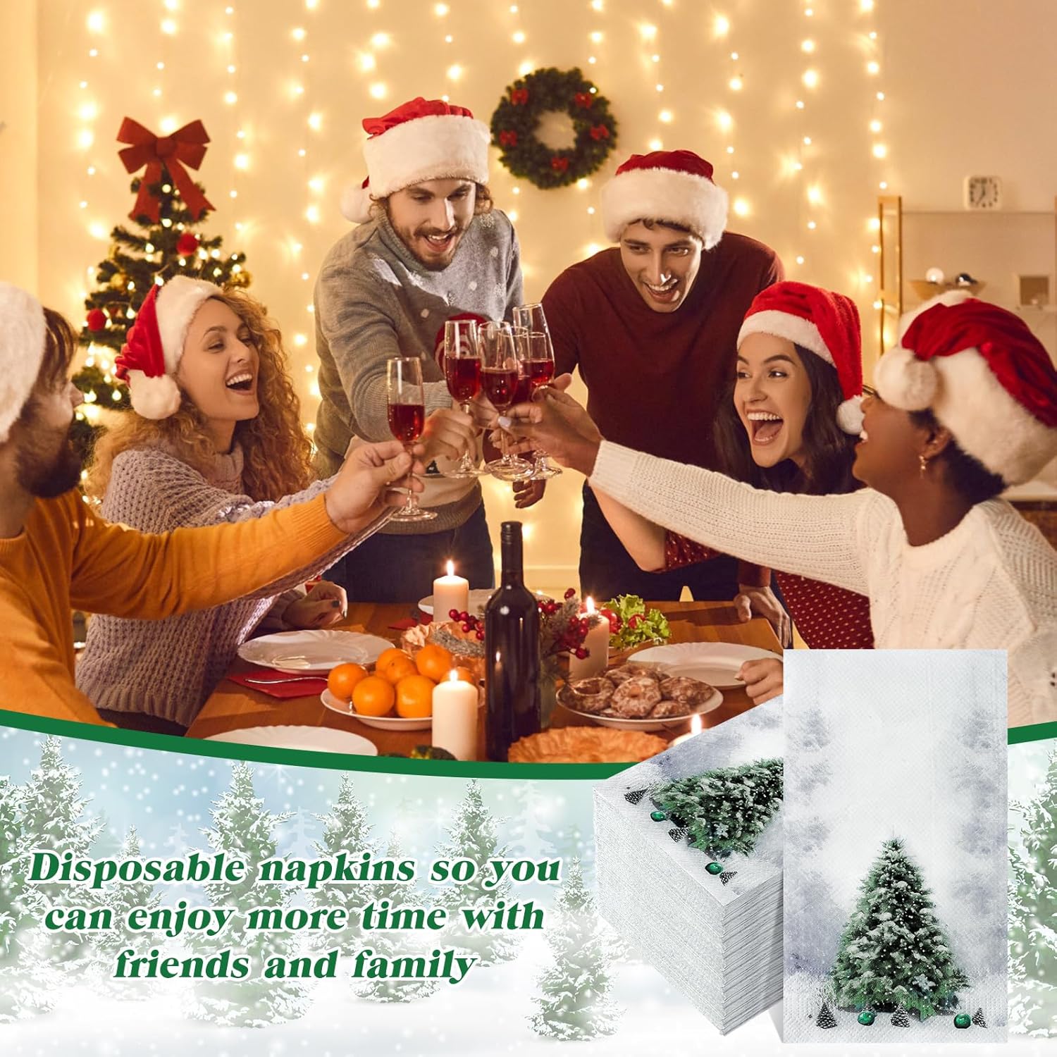 Cholemy 200 Pcs Christmas Guest Napkins Disposable Paper Hand Towels 2 Ply Hand Napkins Christmas Tree Ball Black Santa Claus Design for Kitchen Bathroom(Snowflake)