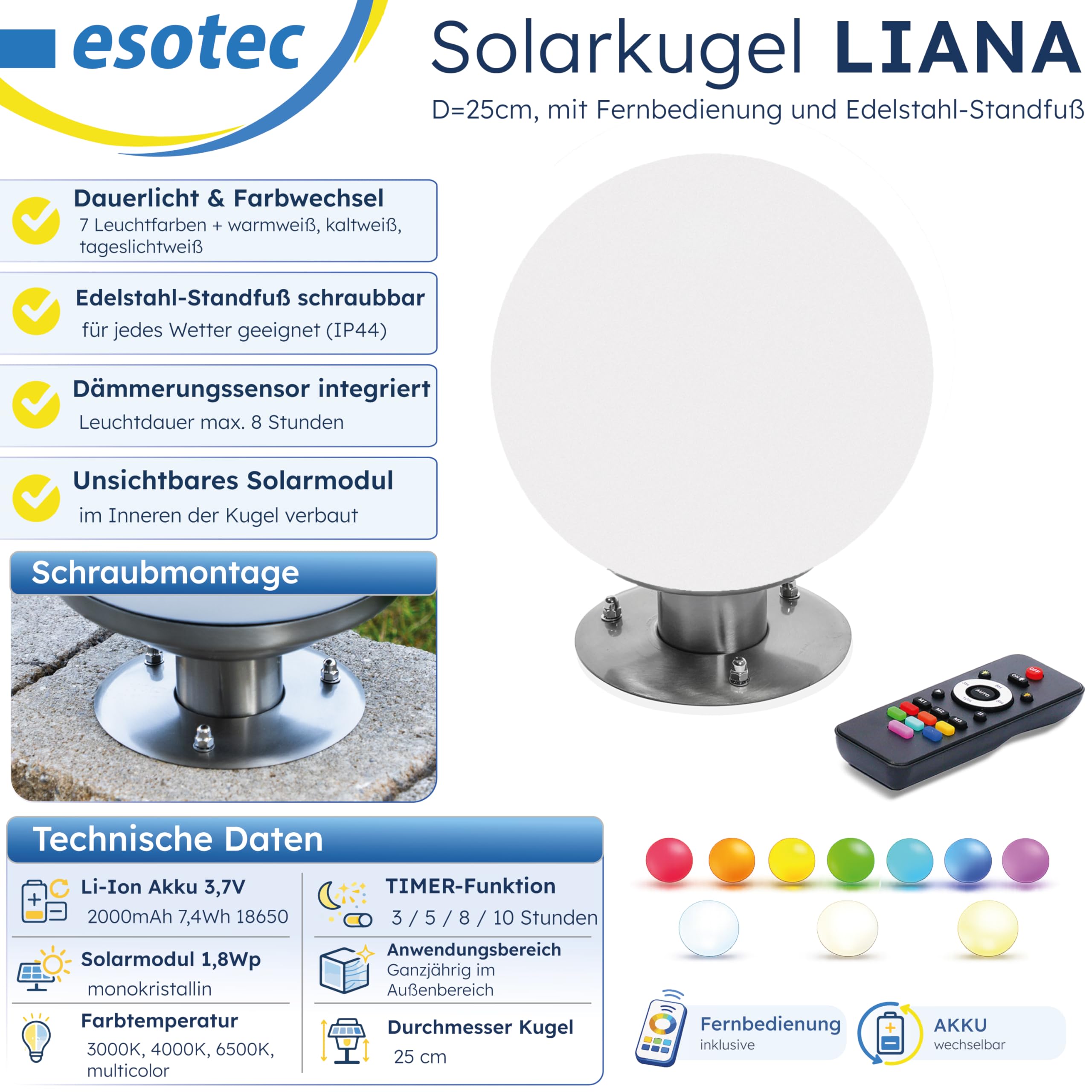 Esotec Solar Leuchtkugel Solarkugel Garten Liana 25 Edelstahlfuß 102662