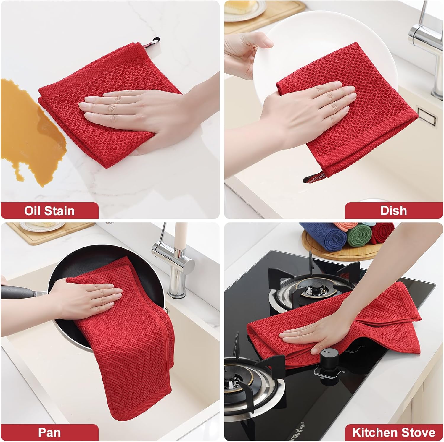 Homaxy 100% Cotton Kitchen Towels and Dishcloths Set, 12 x 12 Inches and 13 x 28 Inches, Set of 8 Bulk Kitchen Towels Set, Ultra Soft Absorbent Dish Cloths for Washing Dishes, Red - Image 5