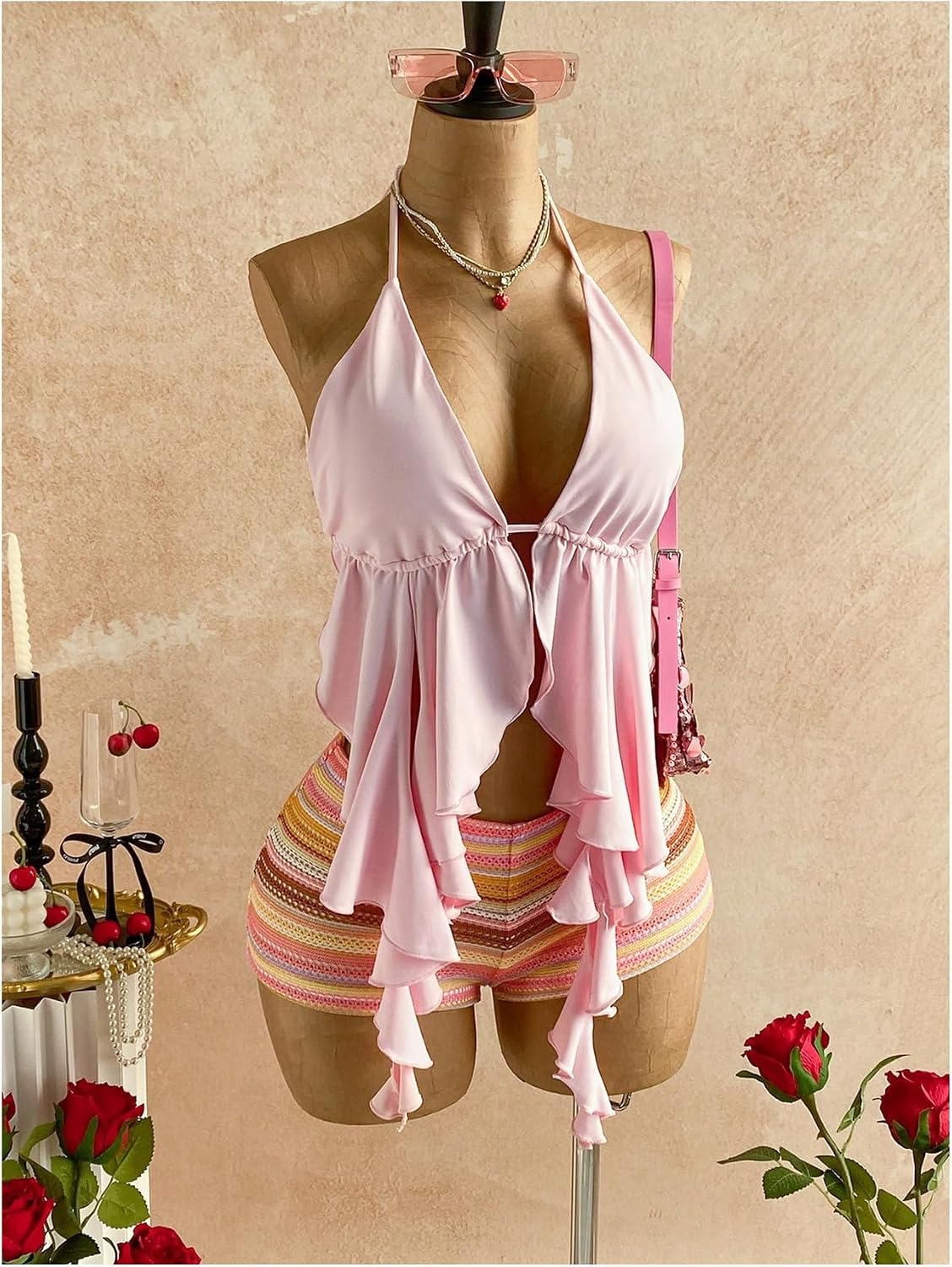 Verdusa Women's 2 Piece Summer Sets Slit Ruffle Halter Babydoll Tops with Striped Mini Shorts Vacation Outfits