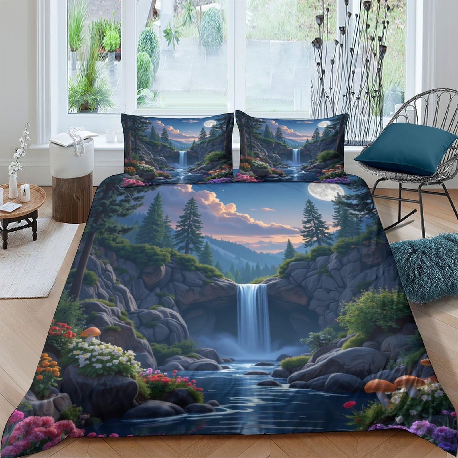 Ctjqhvkz Style-6 3D Printed Waterfall Forest Fitted Sheet Microfiber Soft Scenic Mountain Bed Cover For Bedroom Guest Room Mattress Decor Single（135X200cm）