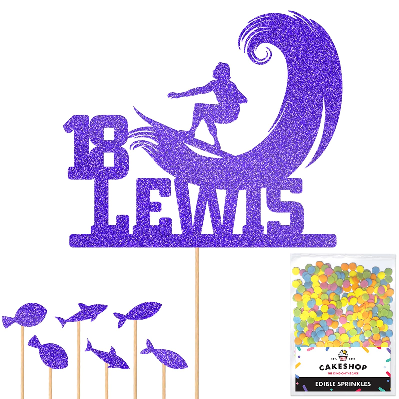 Personalised Surfer Wave Surfing Glitter Cake Topper- Blue Any Custom Age & Name Glitter Cake Decoration and Sprinkles - Happy Birthday Decorations - Personalised Toppers for Cakes by Cakeshop