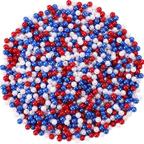 UPINS 1200Pcs Red White Blue Beads, 4th of July Patriotic Round 6mm Pearl Beads for Jewelry Making Independence Day Party Decoration Necklace Bracelets Earrings Hair Beads DIY Crafts Supplies