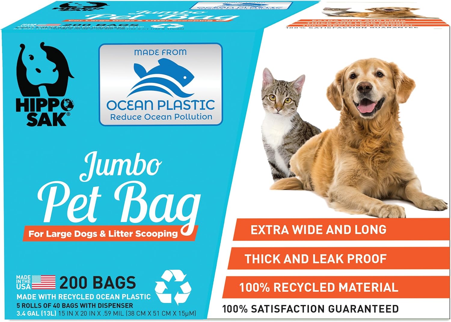 Hippo Sak® Extra Large Pet Poop Bags with Dispenser, Made