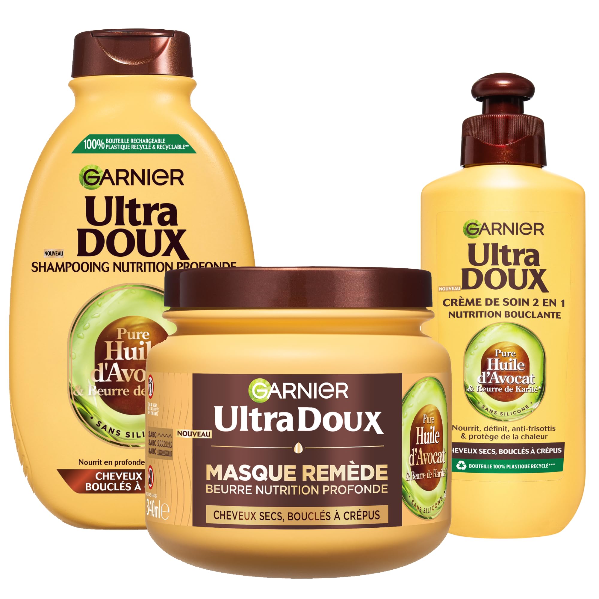 Garnier Ultra Doux - Routine pour Raviver les Boucles des Cheveux Secs, Bouclés à Crépus - À l'Huile d'Avocat et Beurre de Karité - Shampooing, Après-Shampooing et Masque - Homme & Femme