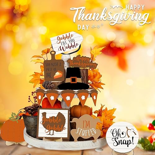 Vista 4 de 19 piezas de decoración de bandeja escalonada de Acción de Gracias, centros de mesa de Acción de Gracias, decoración rústica de pavo y calabaza