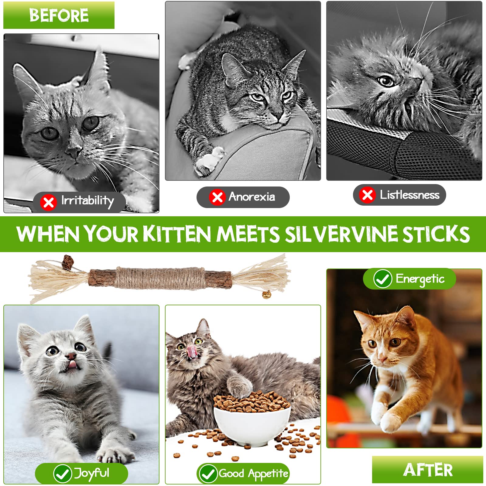 Paquete de 4 palitos de vid de plata natural, juguete de hierba gatera, juguetes masticables para gatos de interior, gatitos, limpieza molar de dientes, alivia interactivo Silvervine gato pezones