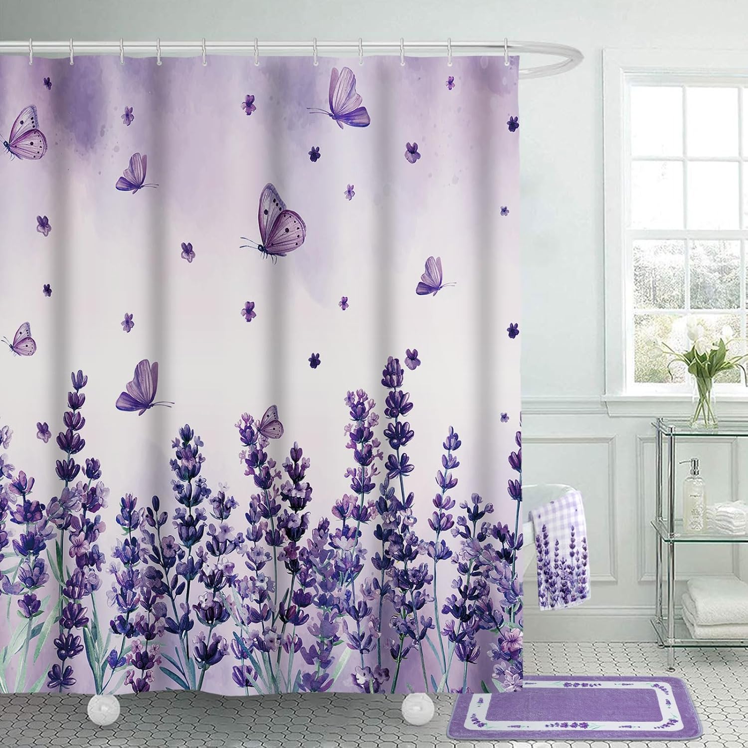 Peryiter 9 Pcs Lavender Bathroom Set Purple Floral Shower Curtain 4 Bath Towels 2 Non-Slip Rugs U-Shaped Toilet Mat & Cover, Lavender Decor for Bathroom, Bath Mat Set for Home Decor